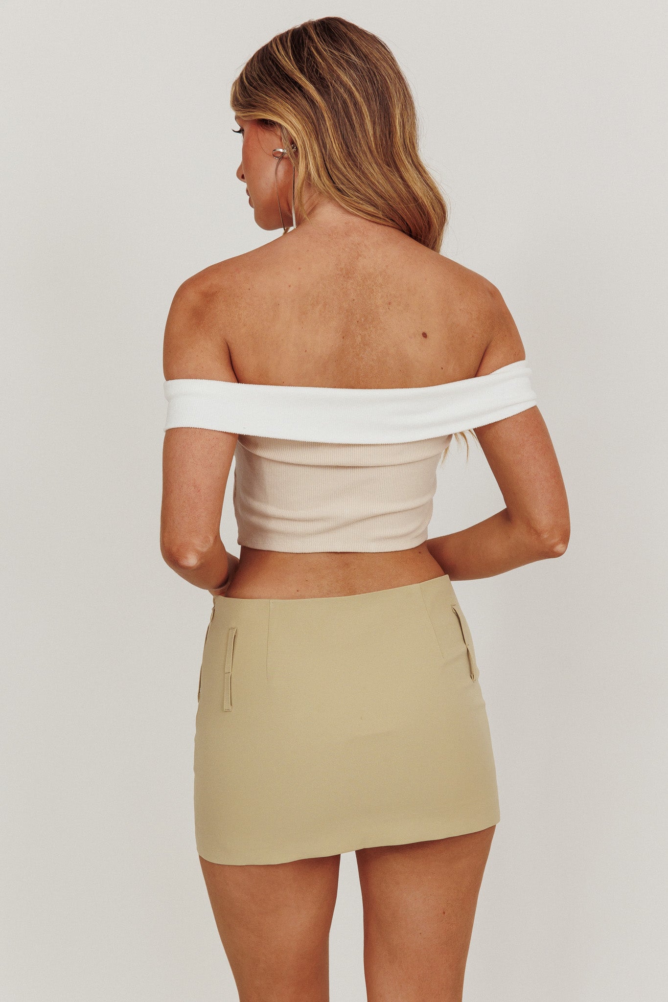 Spill The Tea Off-Shoulder Top Beige/White by Selfie Leslie Australia