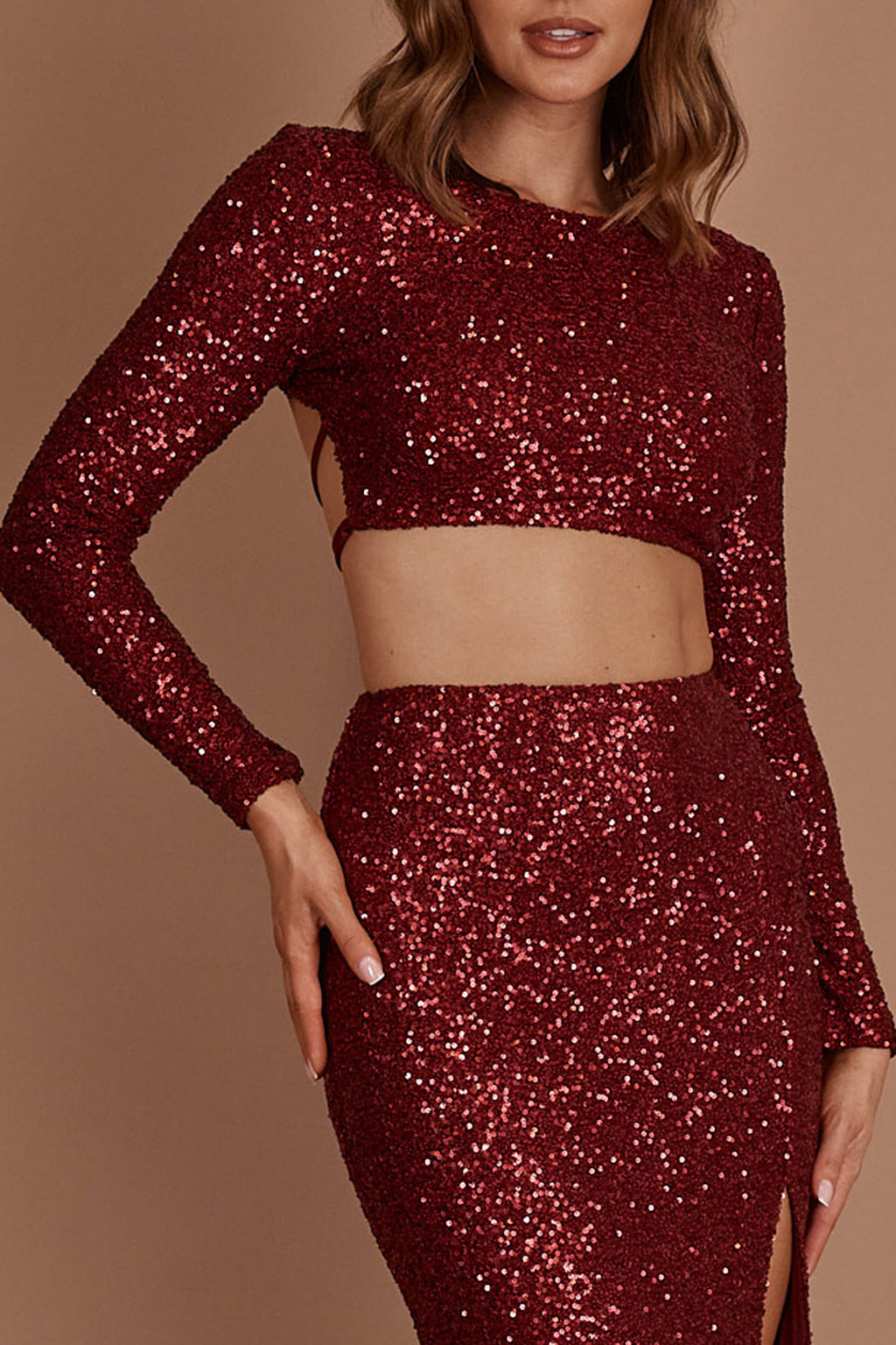 Nights In Monaco Sequin Crop Top Burgundy by Selfie Leslie Australia