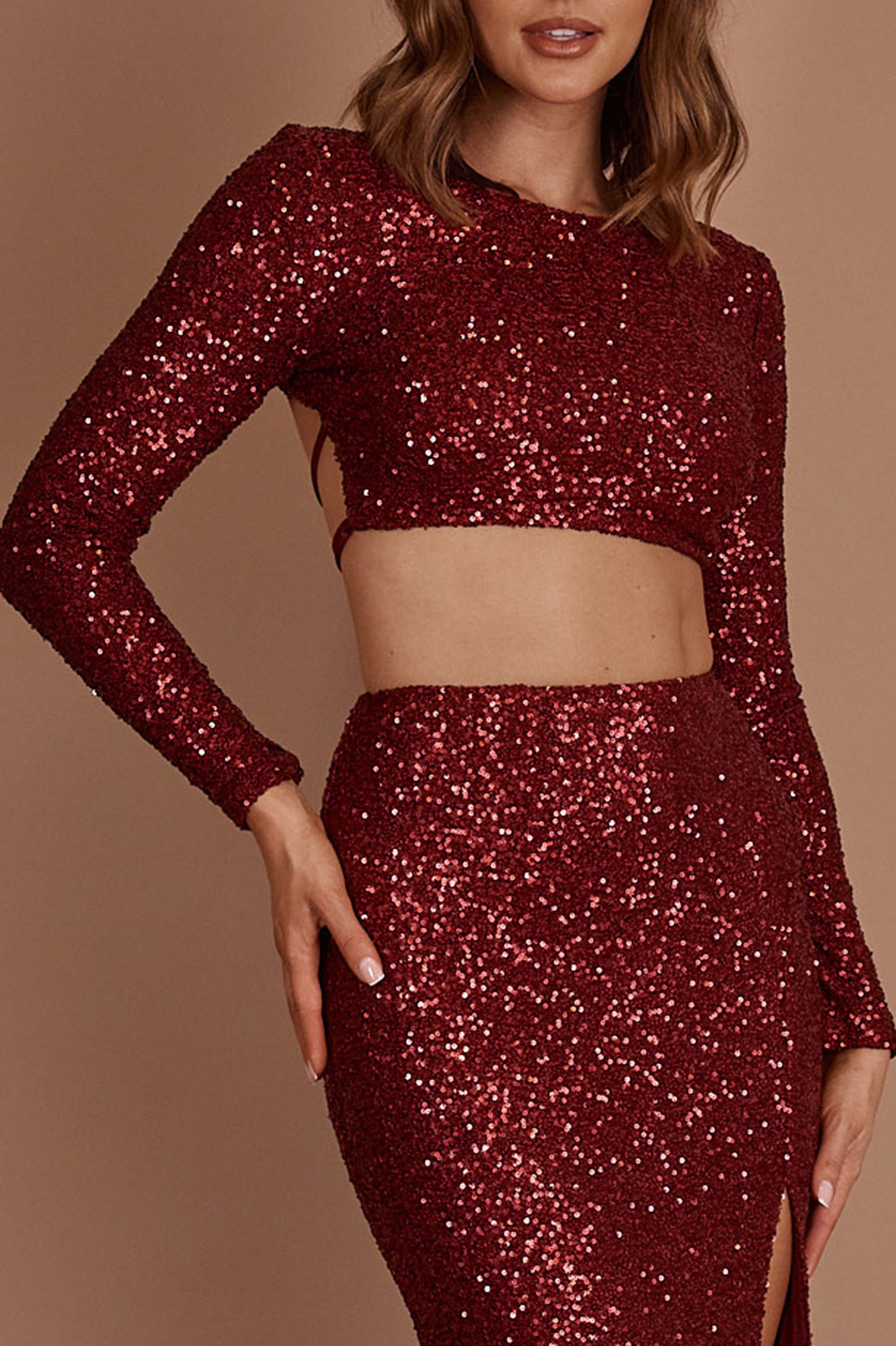 Nights In Monaco Sequin Crop Top Burgundy by Selfie Leslie Australia