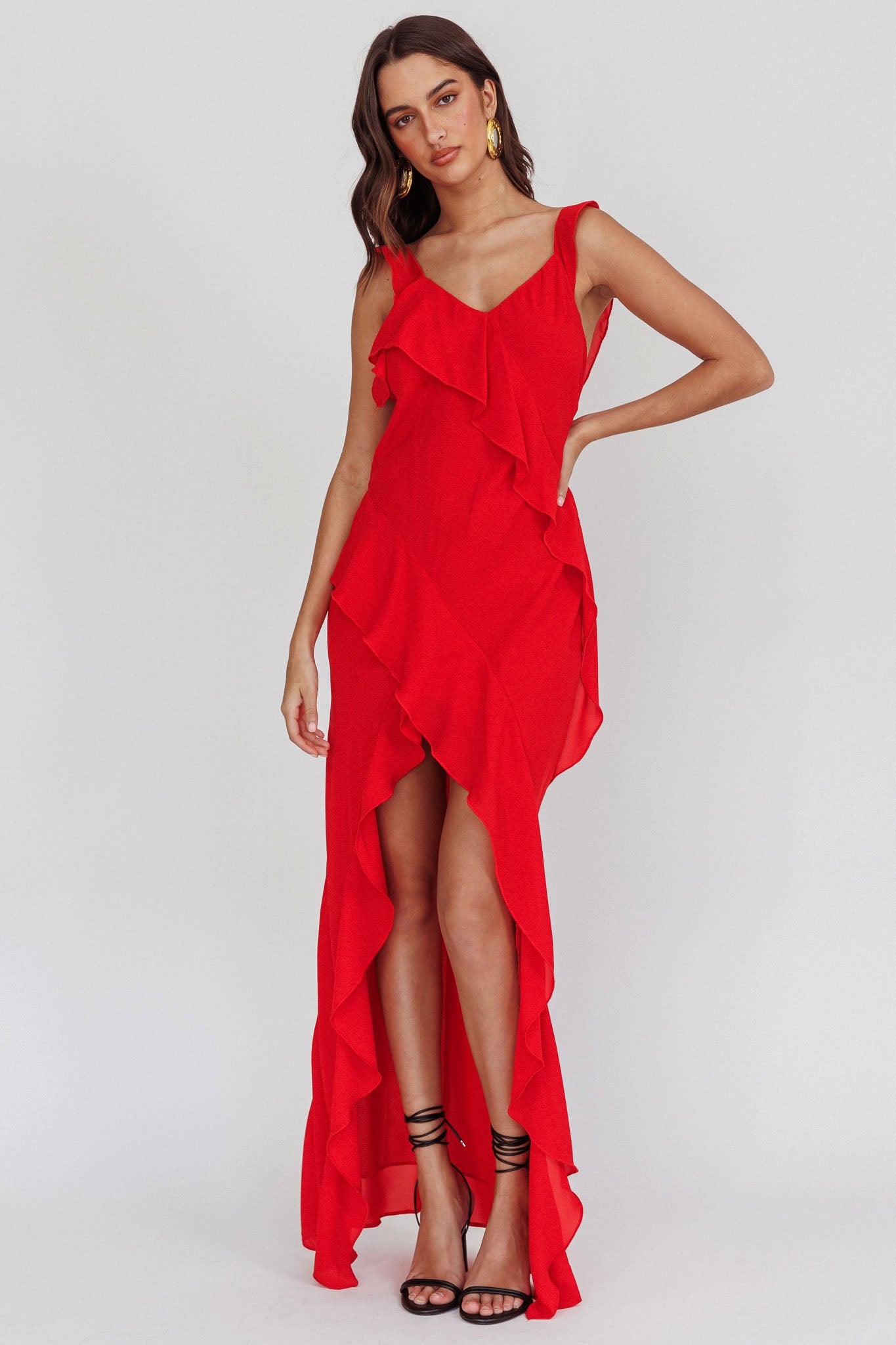 Johannson Ruffle Trim Maxi Dress Red by Selfie Leslie Australia