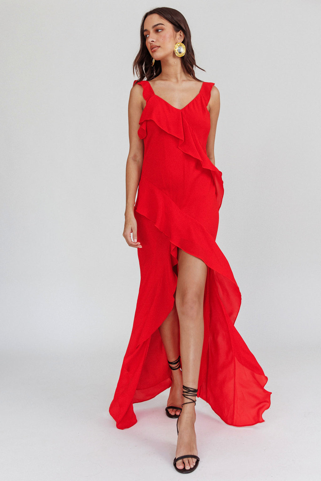 Johannson Ruffle Trim Maxi Dress Red by Selfie Leslie Australia