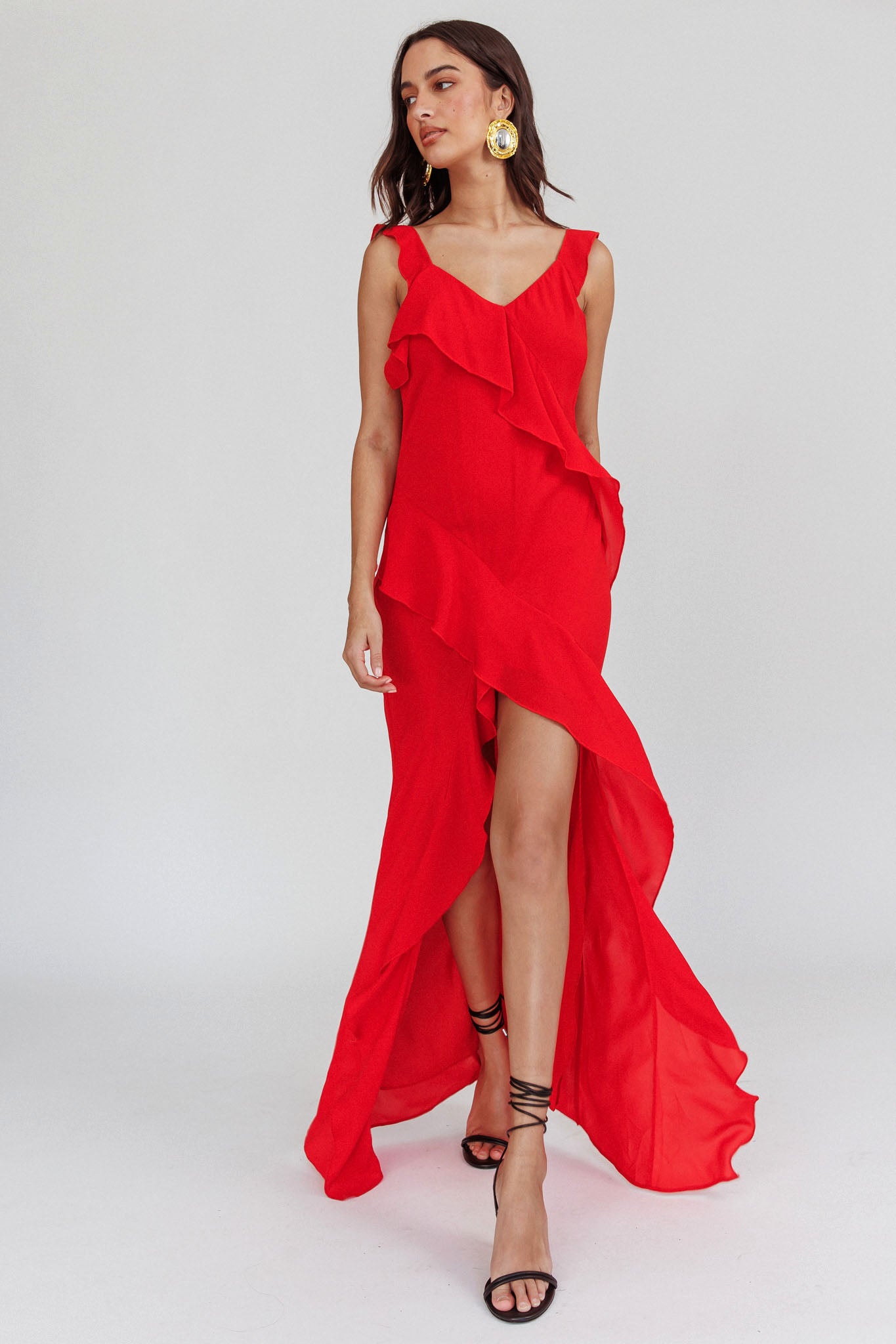 Johannson Ruffle Trim Maxi Dress Red by Selfie Leslie Australia
