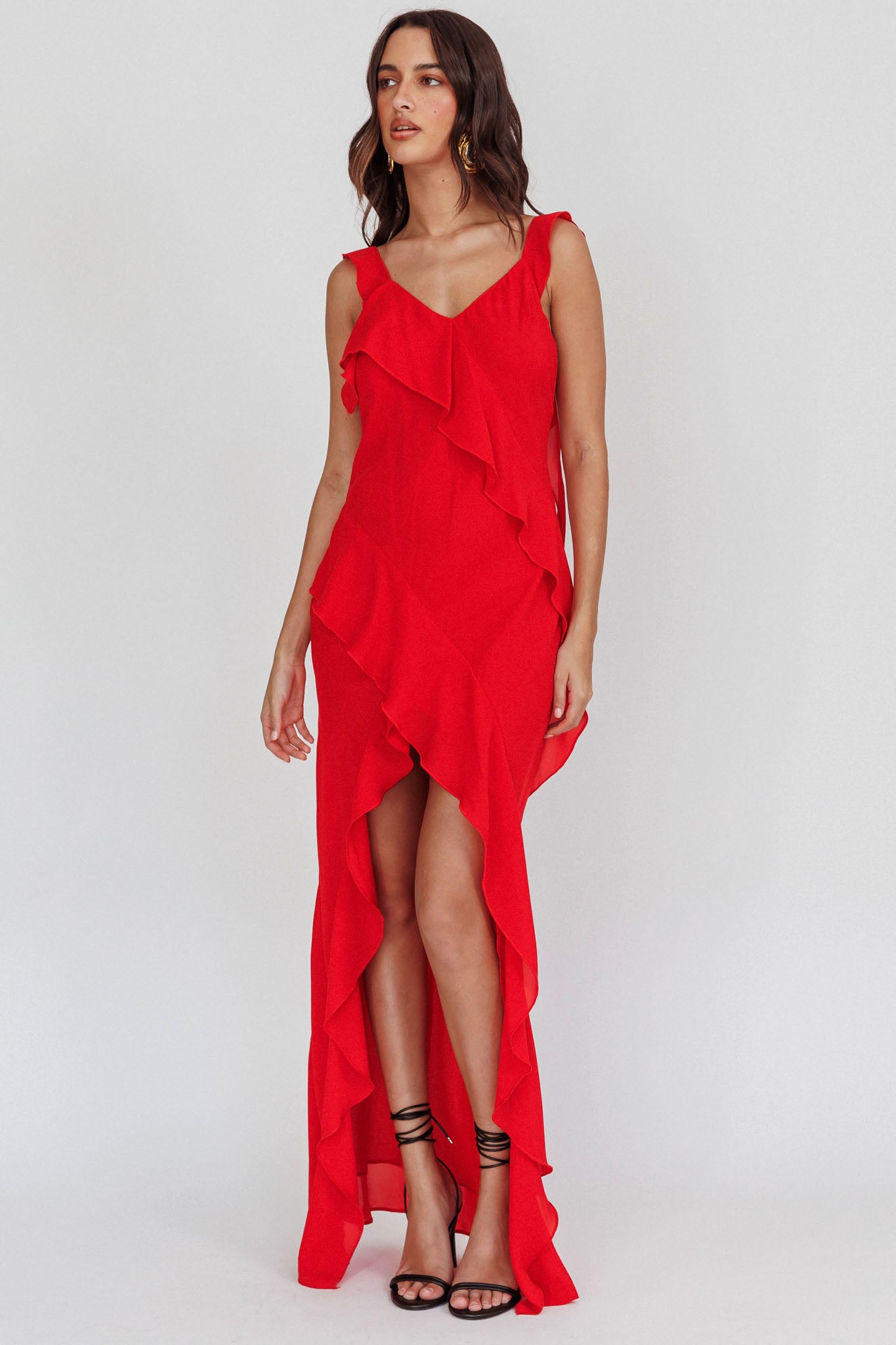 Johannson Ruffle Trim Maxi Dress Red by Selfie Leslie Australia