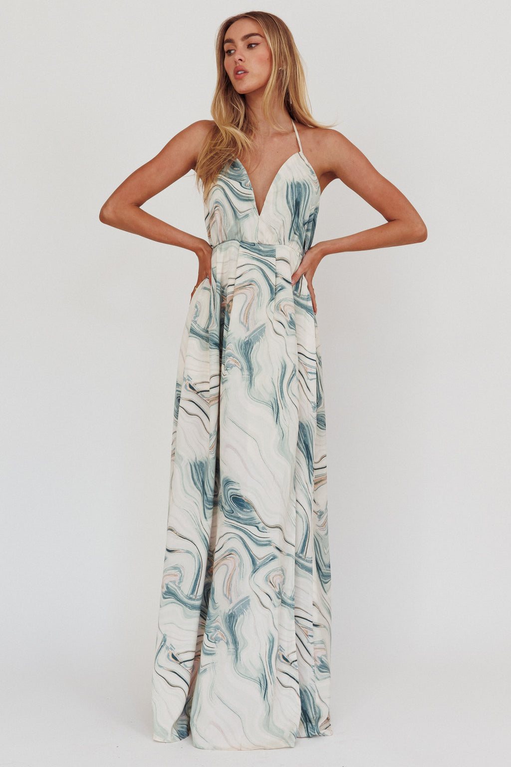 Snooze Marble Print Backless Maxi Dress Teal by Selfie Leslie Australia