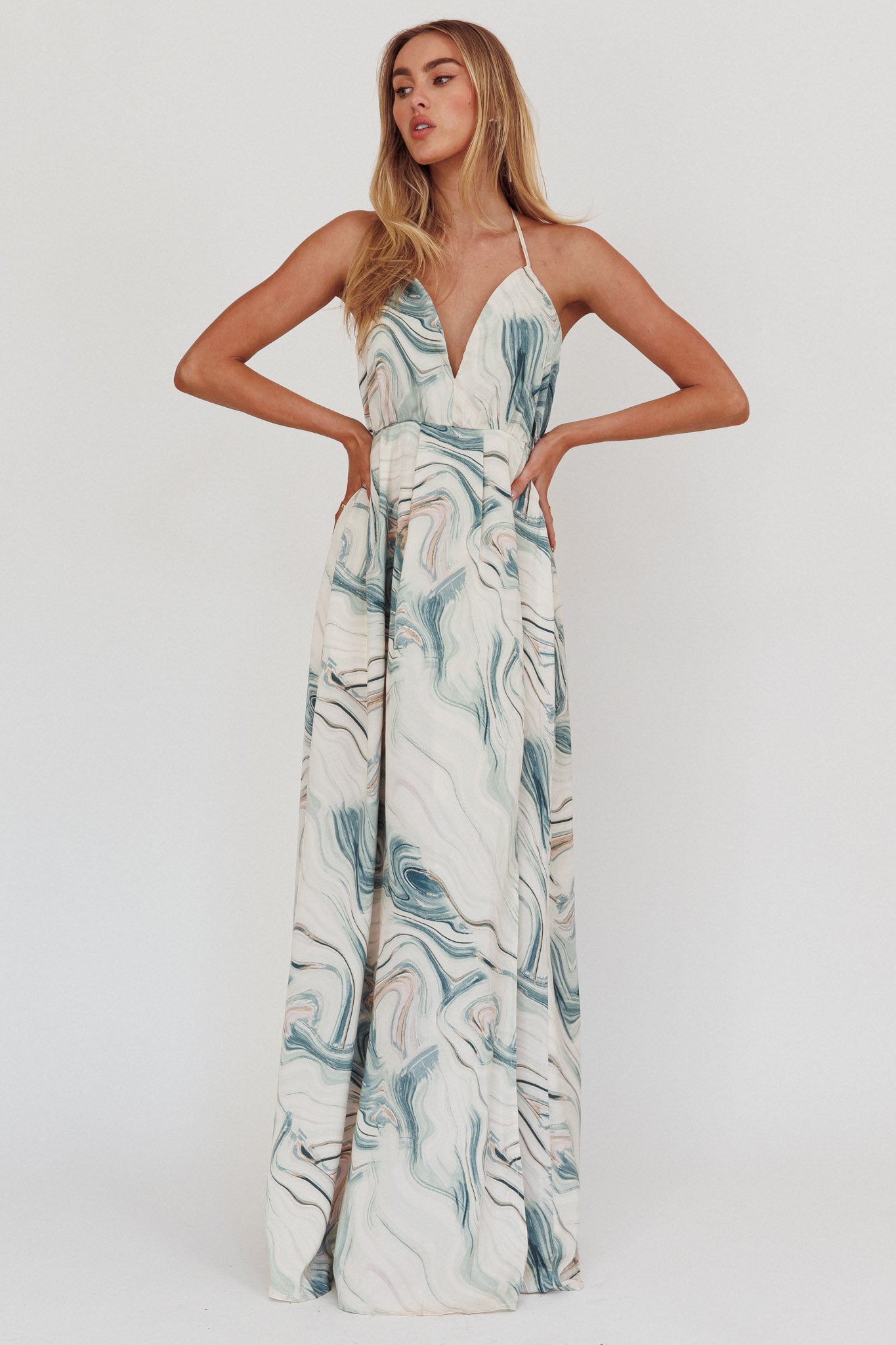 Snooze Marble Print Backless Maxi Dress Teal by Selfie Leslie Australia