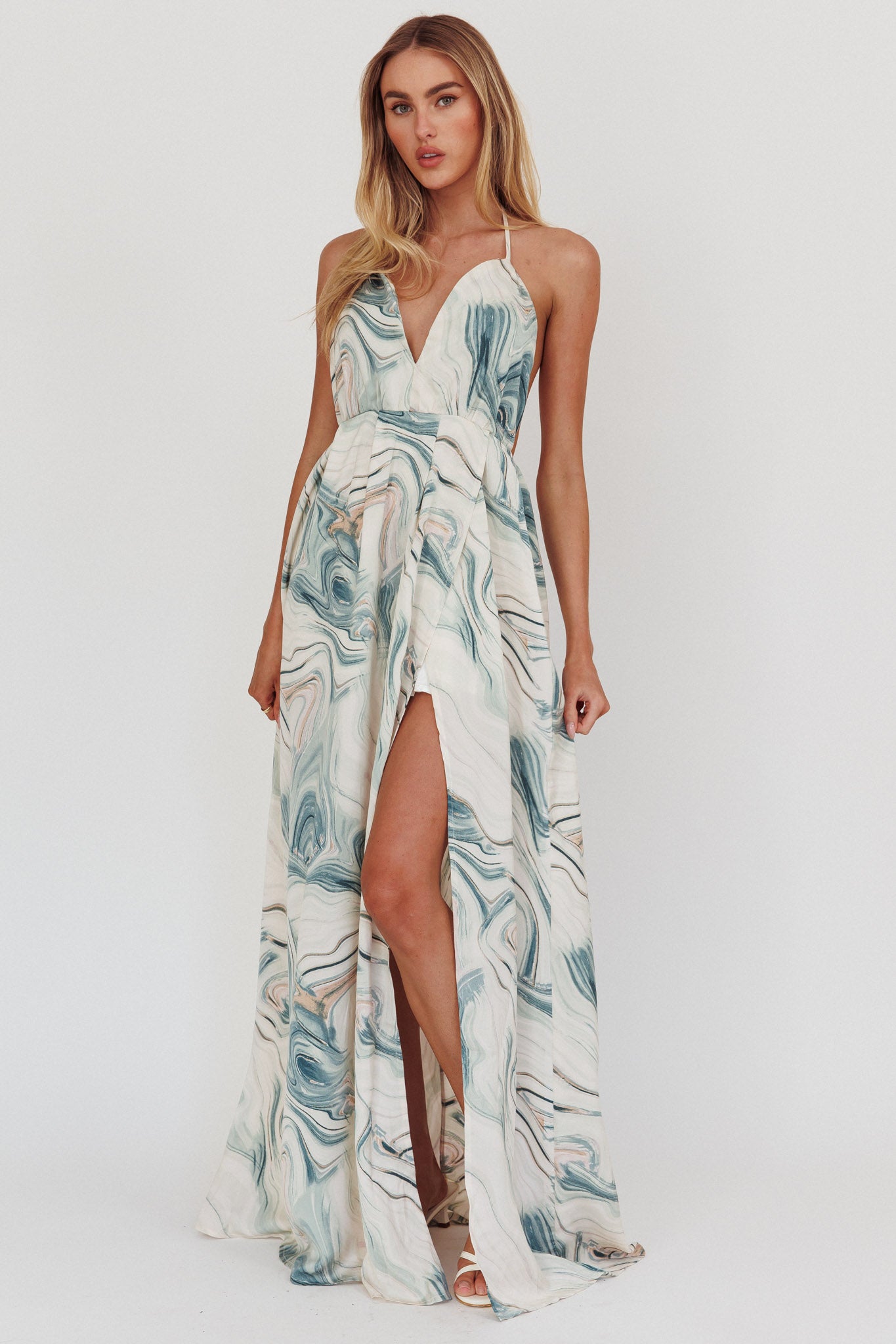 Snooze Marble Print Backless Maxi Dress Teal by Selfie Leslie Australia