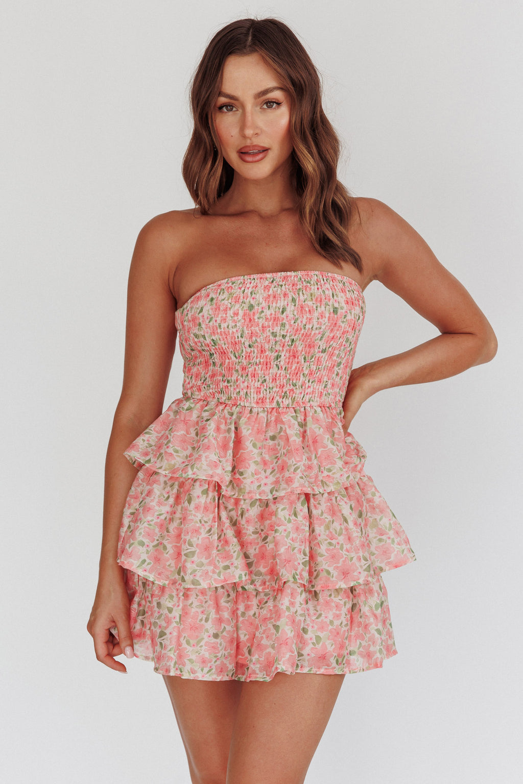 Like Angels Shirred Bodice Ruffle Mini Dress Pink by Selfie Leslie Australia