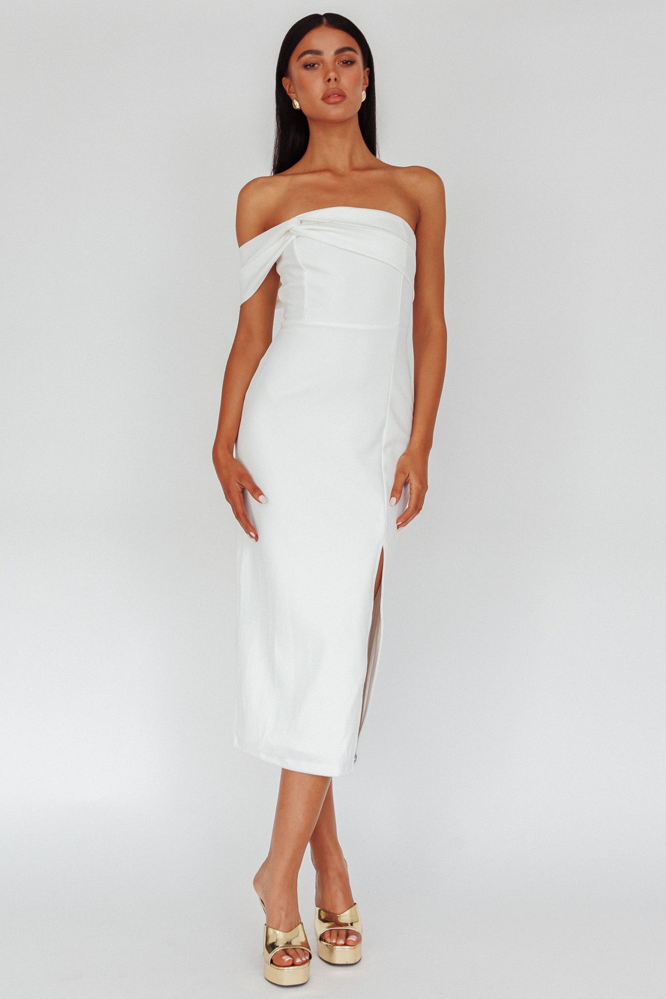 First Impressions One Shoulder Midi Dress White by Selfie Leslie Australia