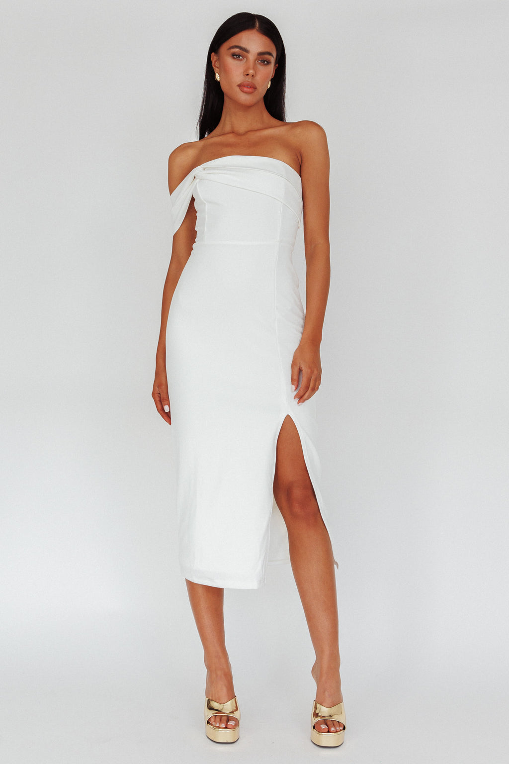 First Impressions One Shoulder Midi Dress White by Selfie Leslie Australia