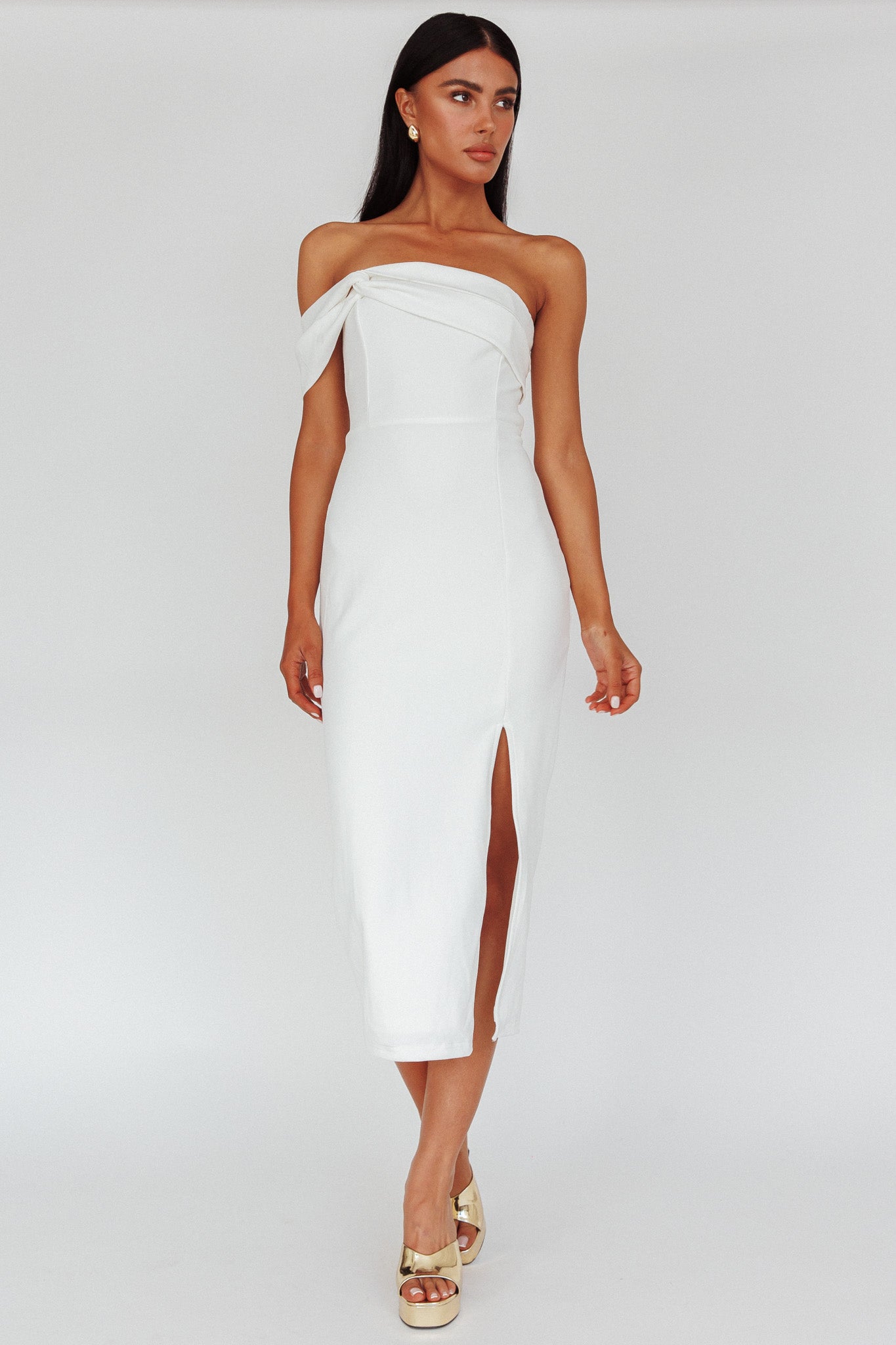 First Impressions One Shoulder Midi Dress White by Selfie Leslie Australia