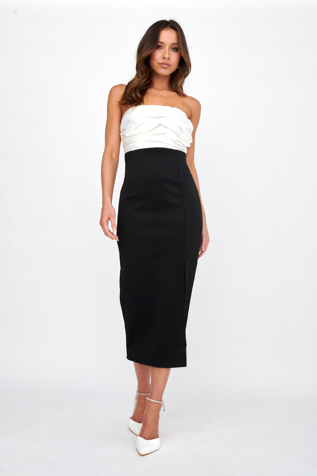 Brandi Strapless Split Midi Dress White/Black by Selfie Leslie Australia