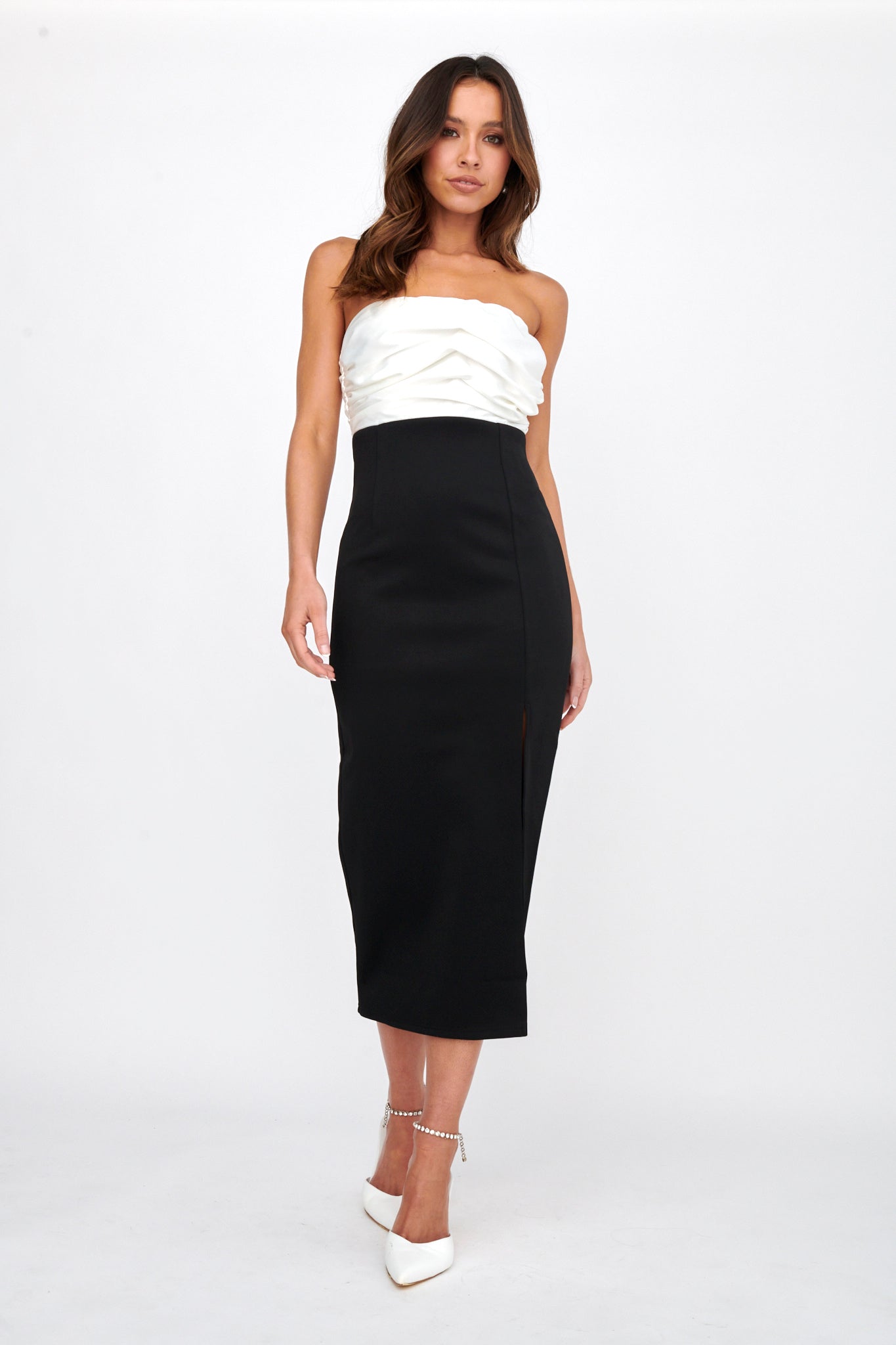 Brandi Strapless Split Midi Dress White/Black by Selfie Leslie Australia