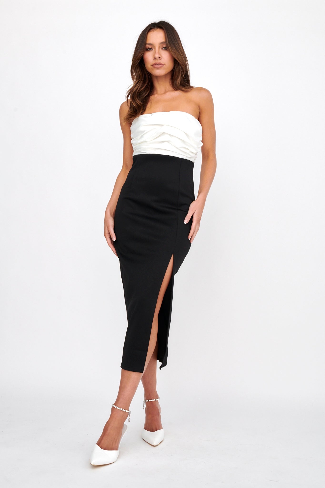 Brandi Strapless Split Midi Dress White/Black by Selfie Leslie Australia