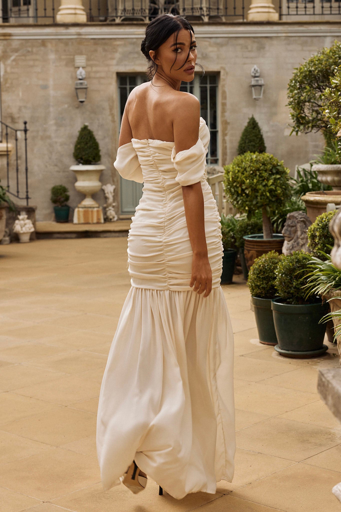 Dalisha Off Shoulder Ruched Maxi Dress Cream by Selfie Leslie Australia