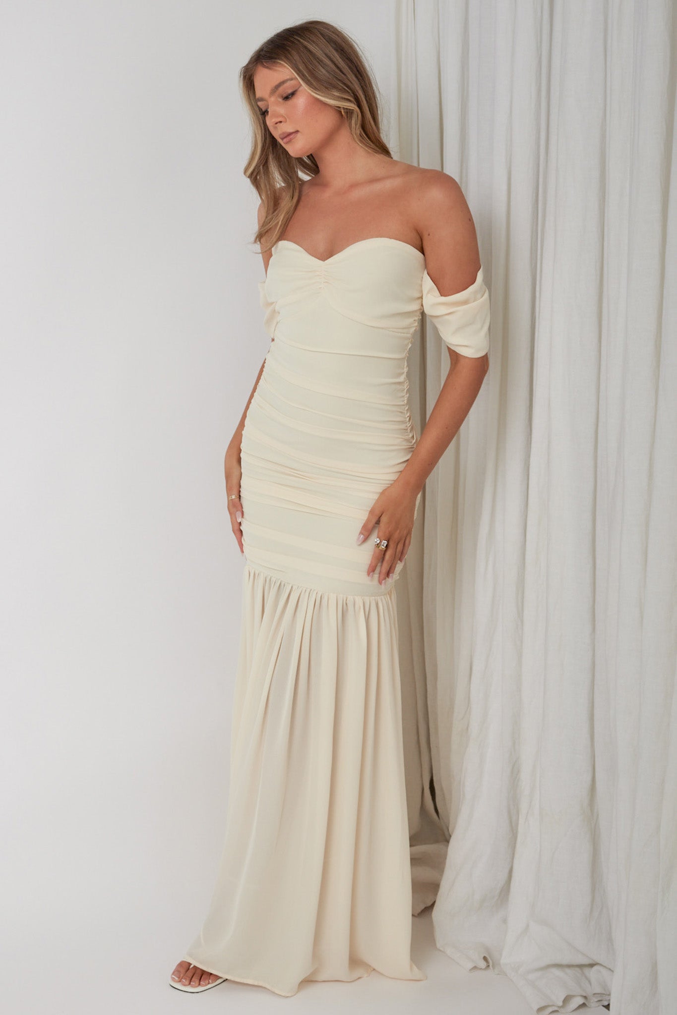 Dalisha Off Shoulder Ruched Maxi Dress Cream by Selfie Leslie Australia