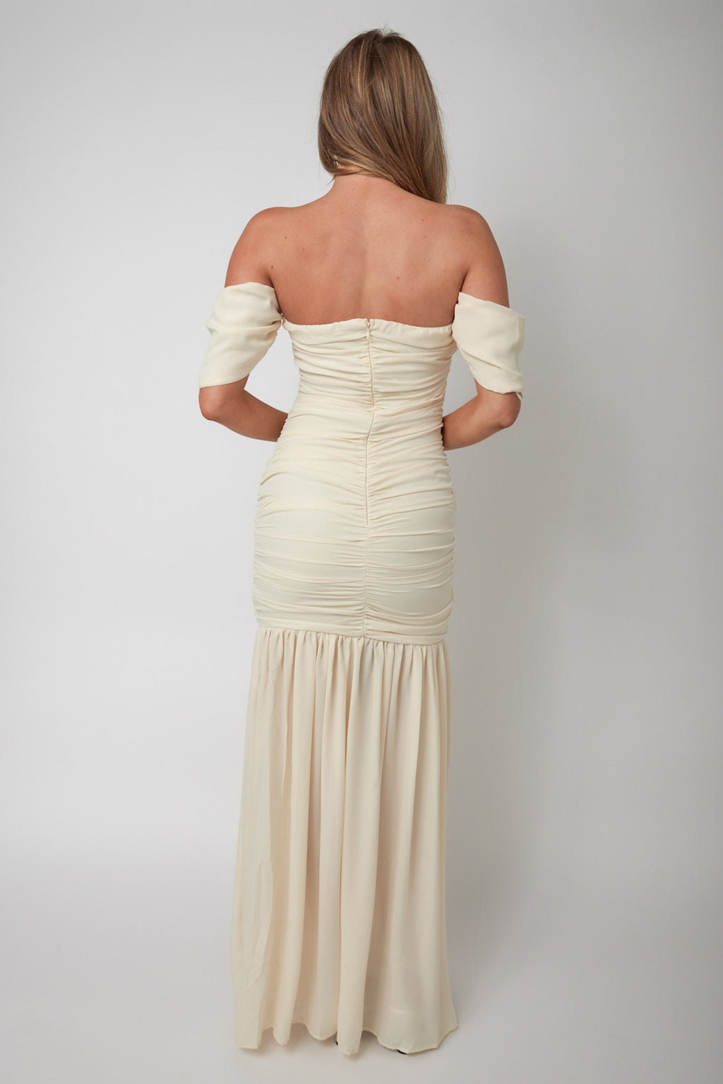 Dalisha Off Shoulder Ruched Maxi Dress Cream by Selfie Leslie Australia
