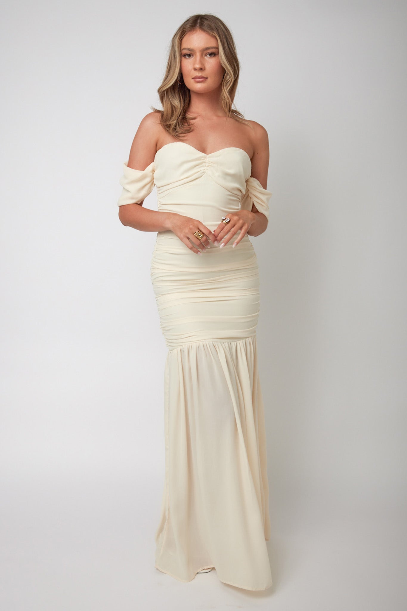 Dalisha Off Shoulder Ruched Maxi Dress Cream by Selfie Leslie Australia