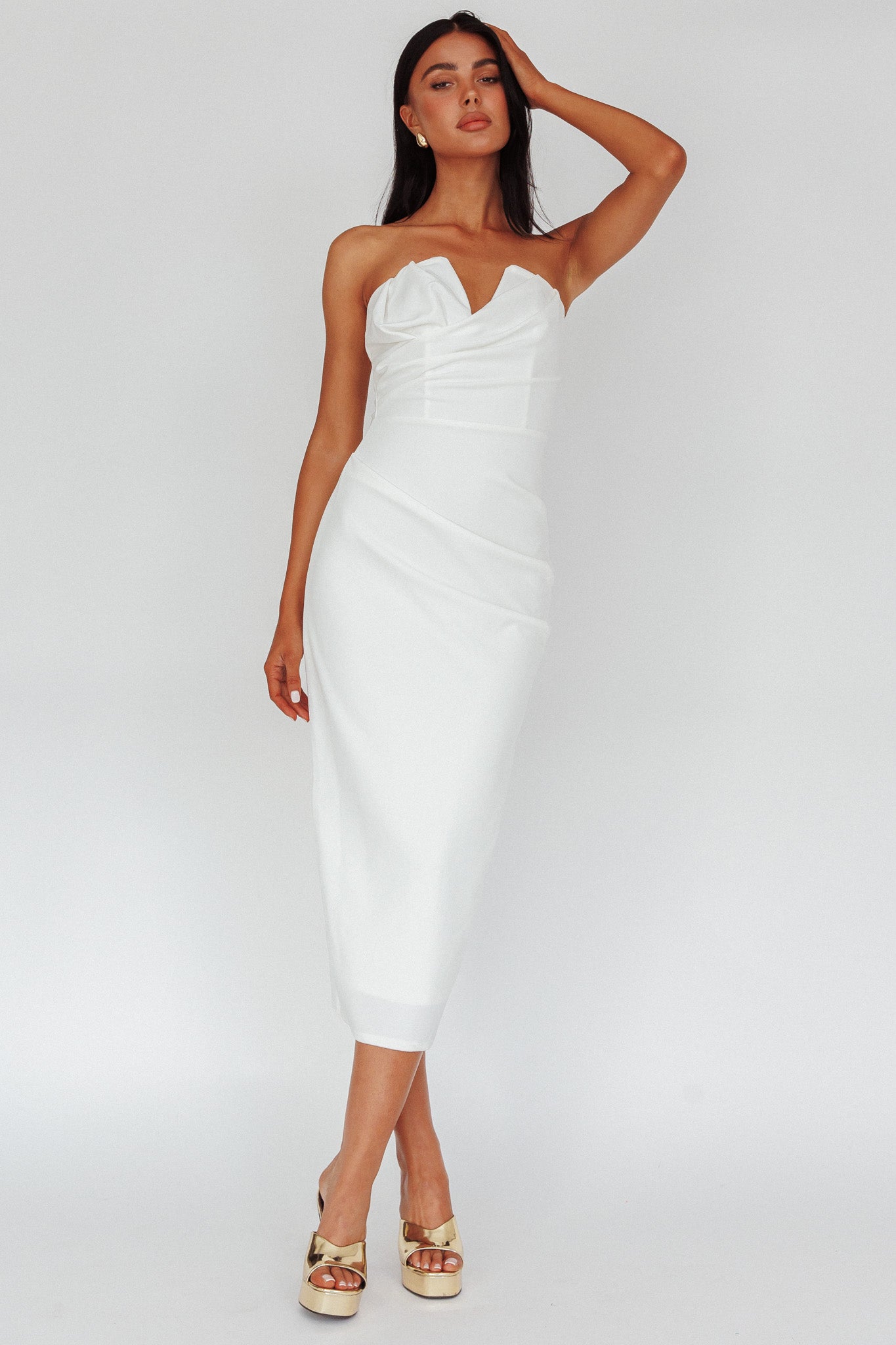 Hartly Strapless V-Neck Midi Dress Off White by Selfie Leslie Australia