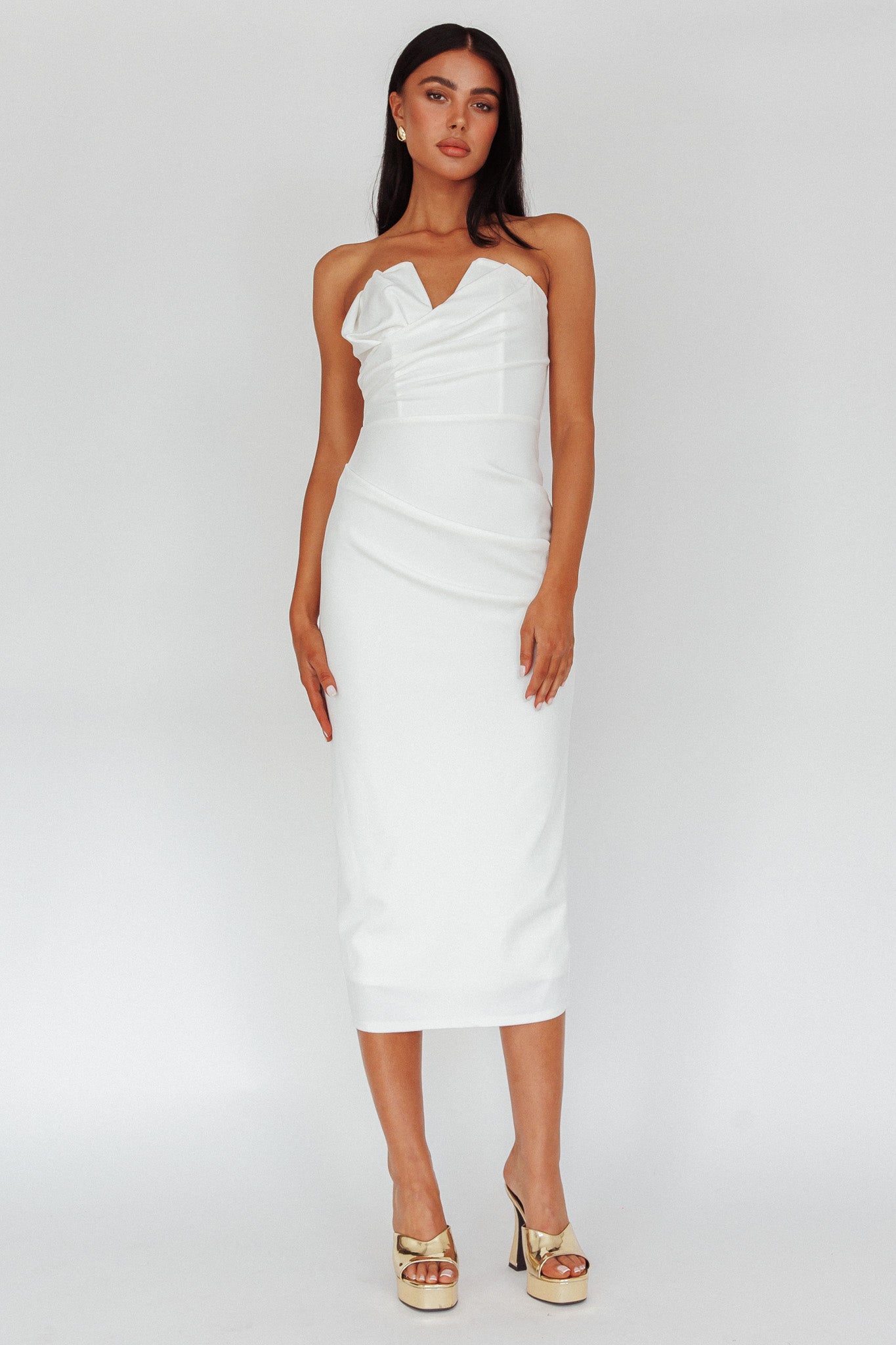Hartly Strapless V-Neck Midi Dress Off White by Selfie Leslie Australia