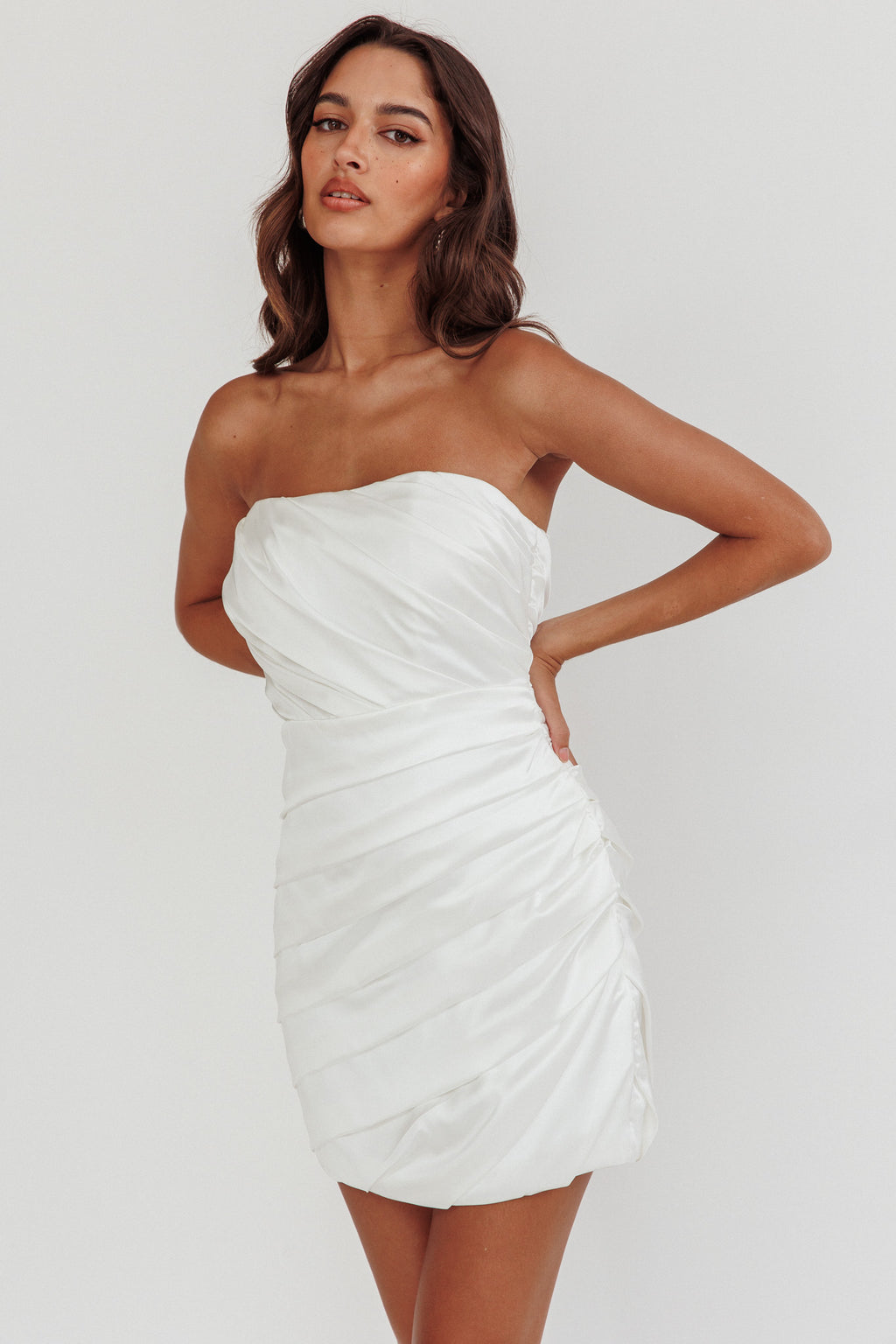 Boulevard Bliss Gathered Mini Dress Off White by Selfie Leslie Australia