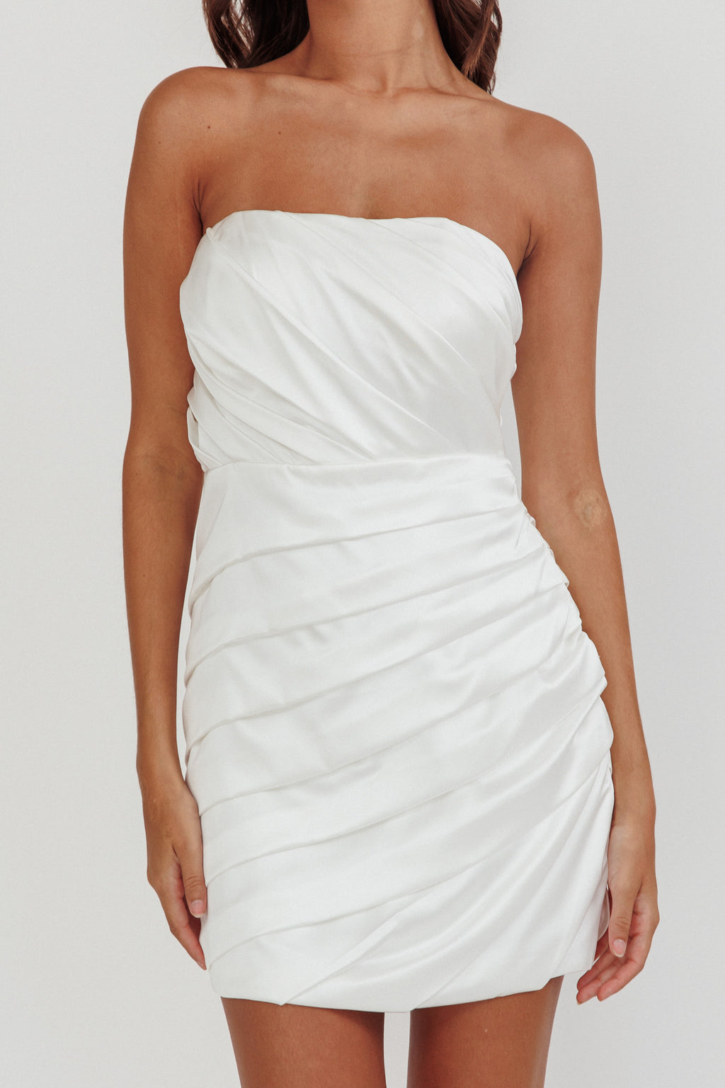 Boulevard Bliss Gathered Mini Dress Off White by Selfie Leslie Australia