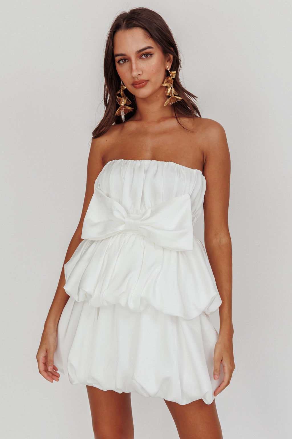 Carmelita Tiered Bubble Bow Mini Dress Off White by Selfie Leslie Australia