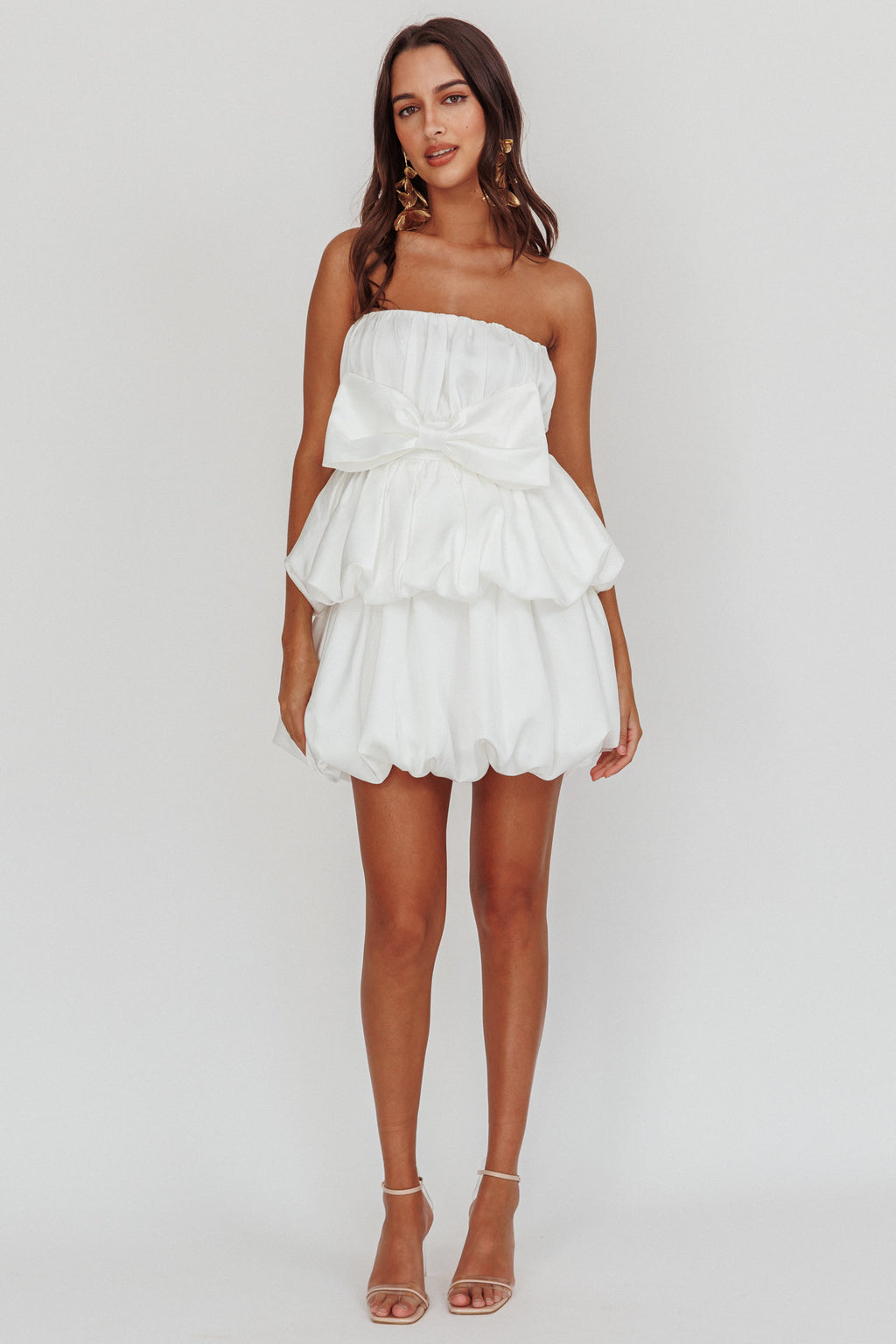 Carmelita Tiered Bubble Bow Mini Dress Off White by Selfie Leslie Australia