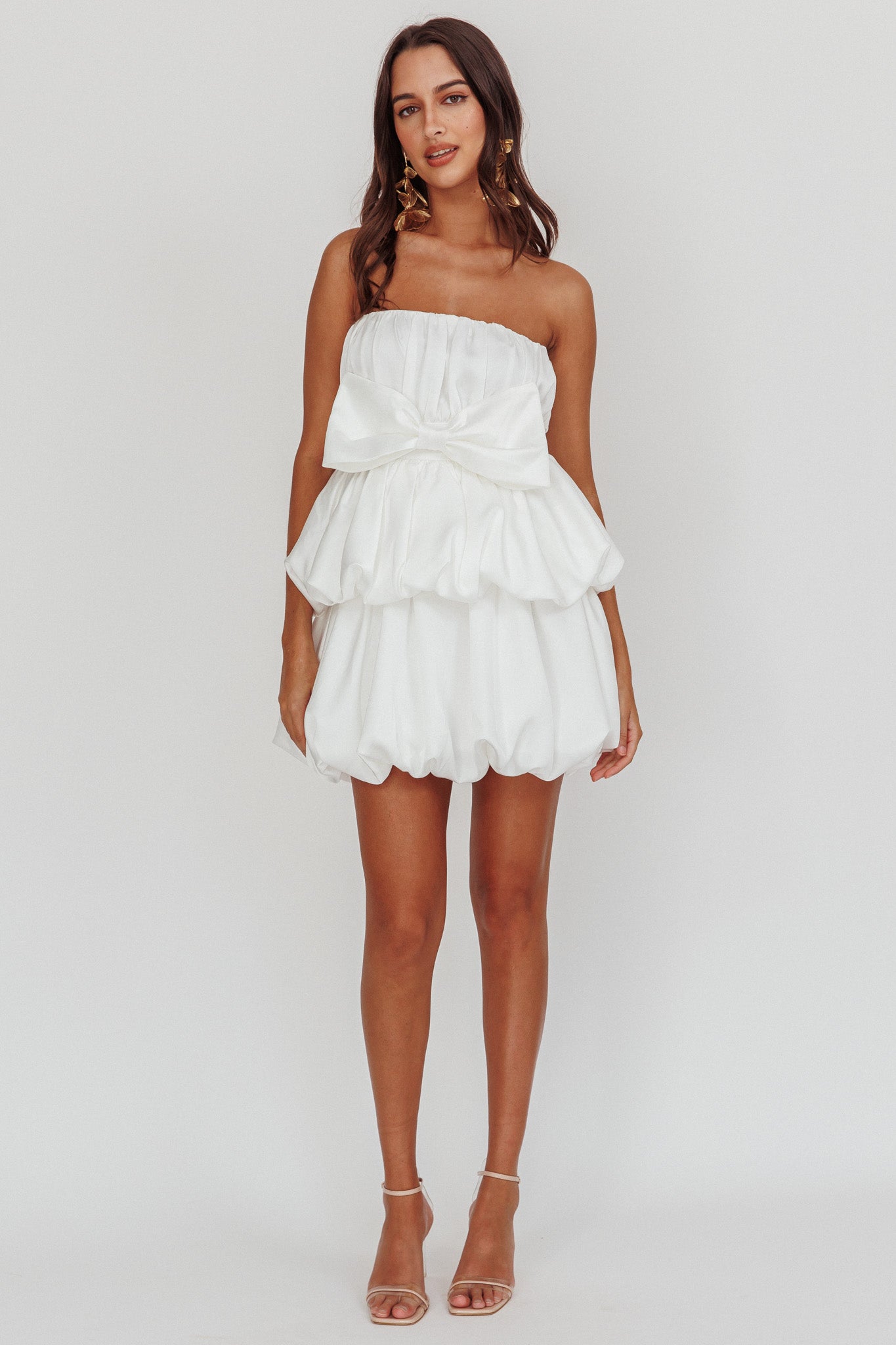 Carmelita Tiered Bubble Bow Mini Dress Off White by Selfie Leslie Australia