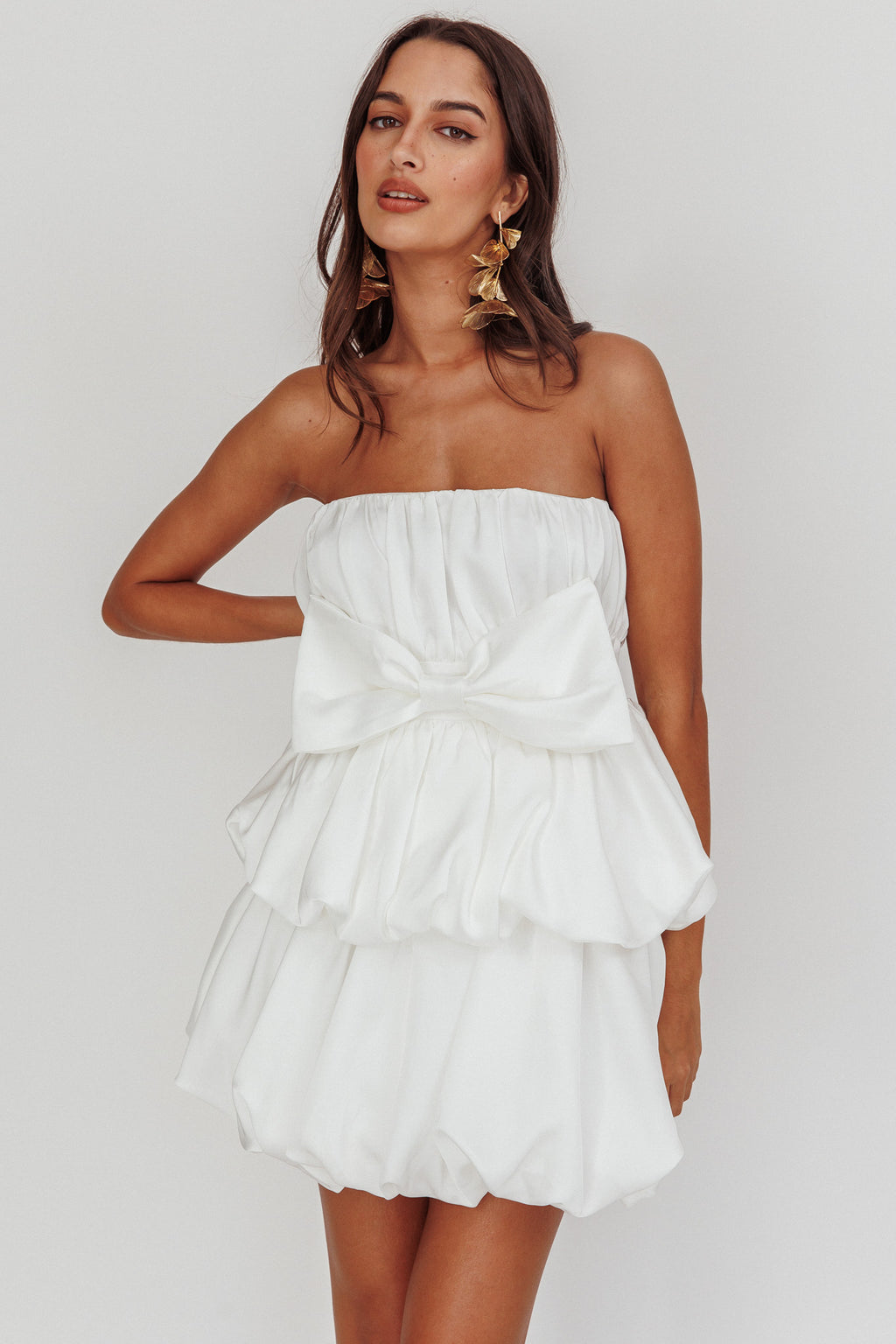 Carmelita Tiered Bubble Bow Mini Dress Off White by Selfie Leslie Australia