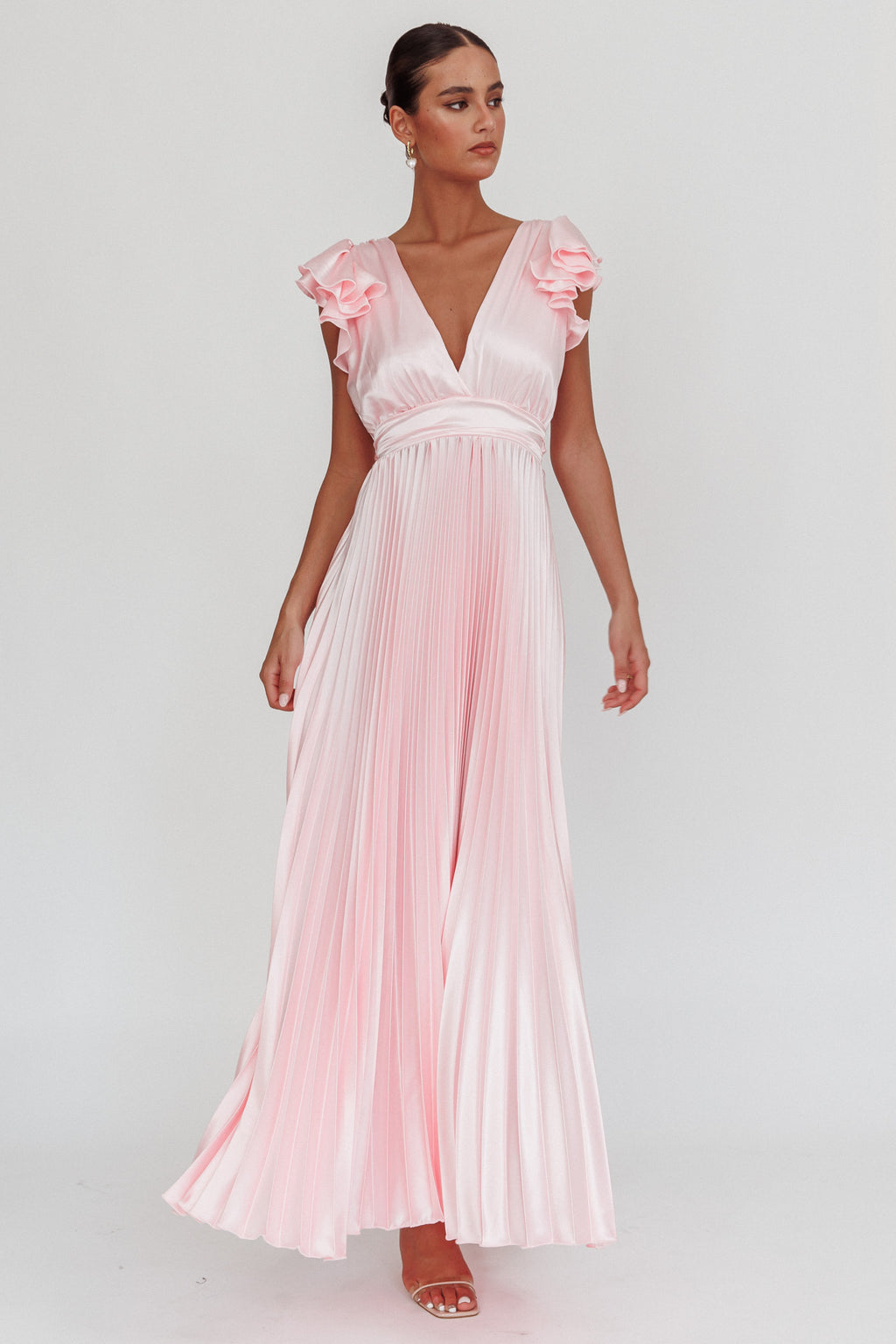 Enchantment Ruffle Sleeve Pleat Maxi Dress Pink by Selfie Leslie Australia