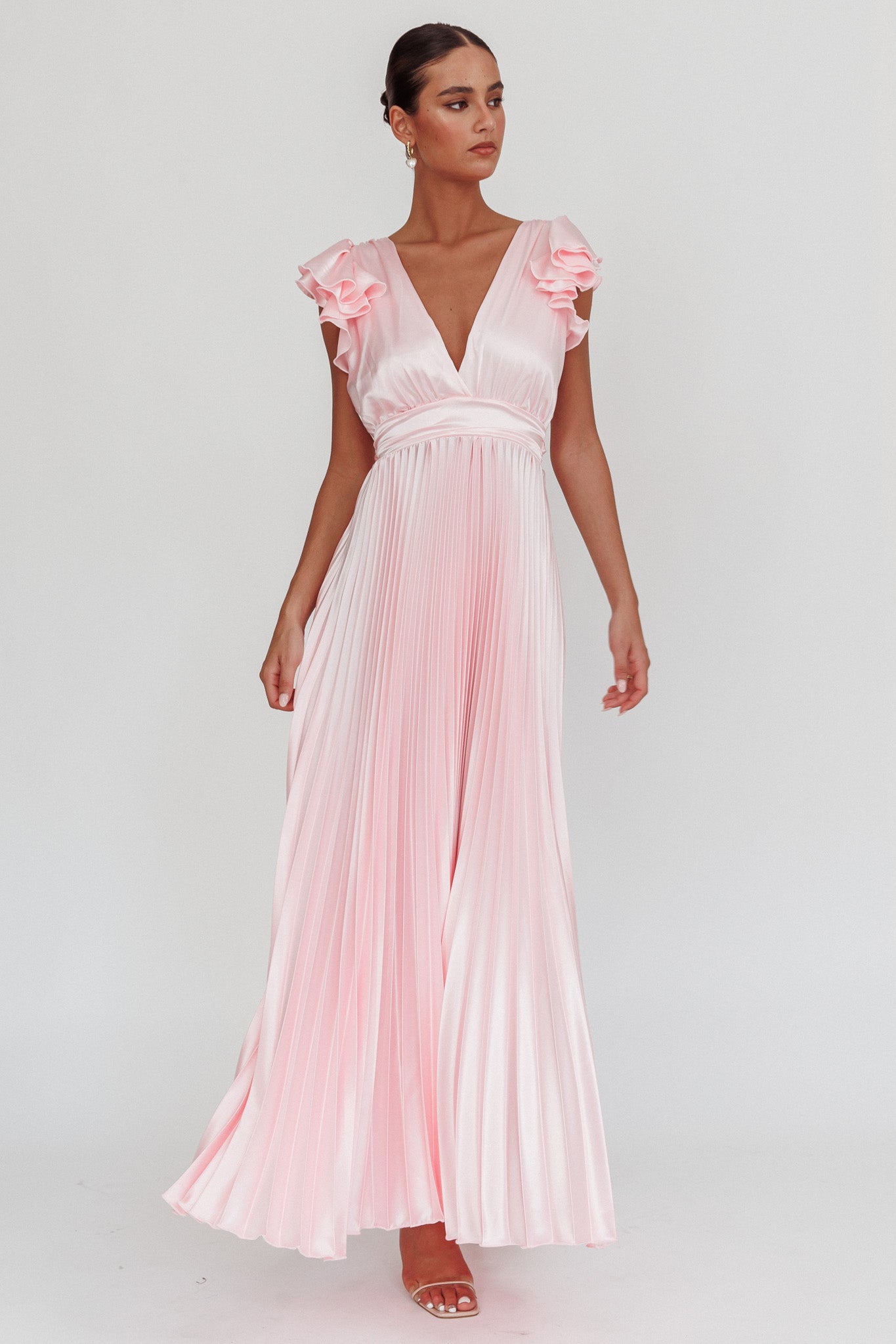Enchantment Ruffle Sleeve Pleat Maxi Dress Pink by Selfie Leslie Australia