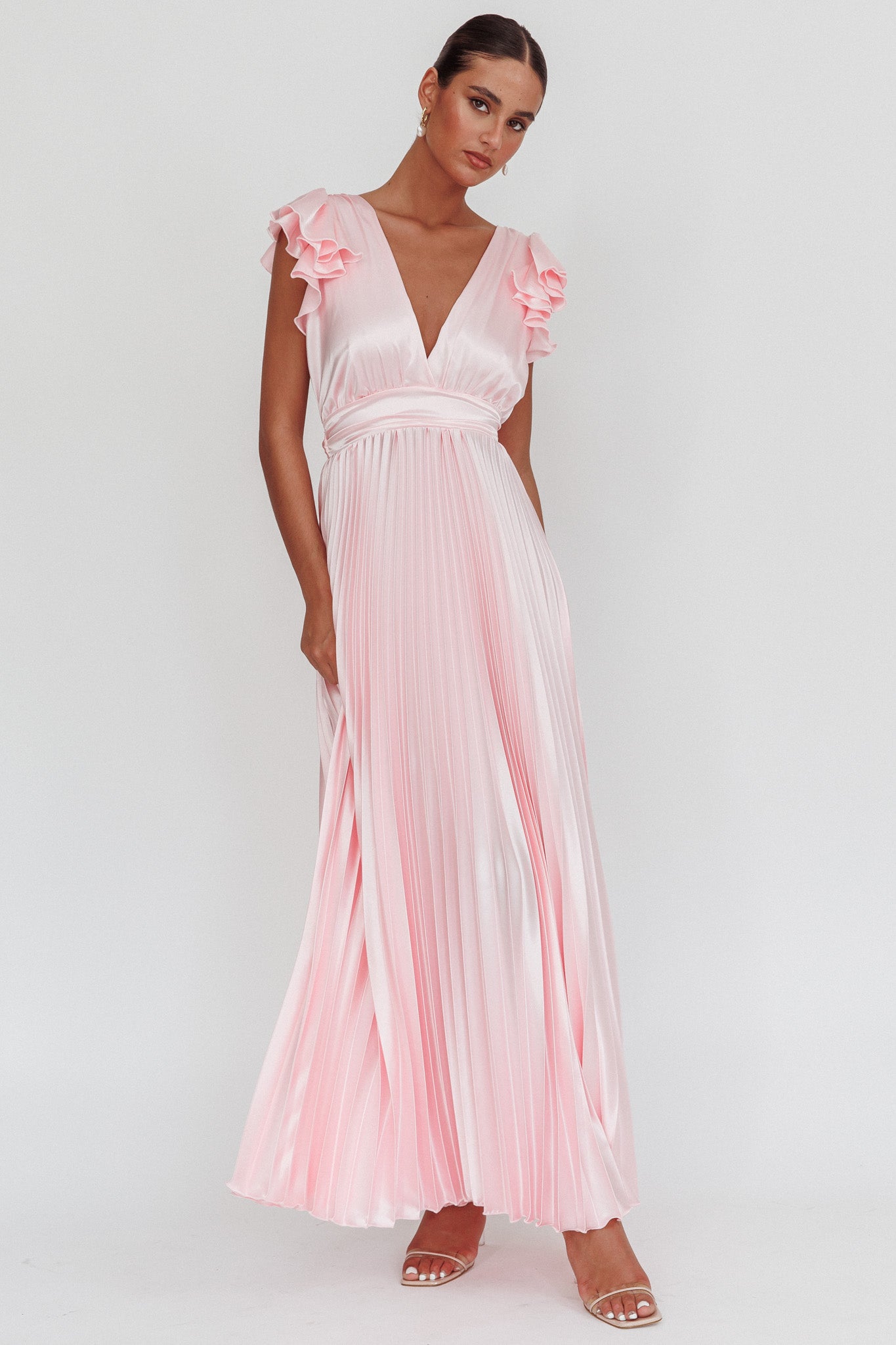 Enchantment Ruffle Sleeve Pleat Maxi Dress Pink by Selfie Leslie Australia