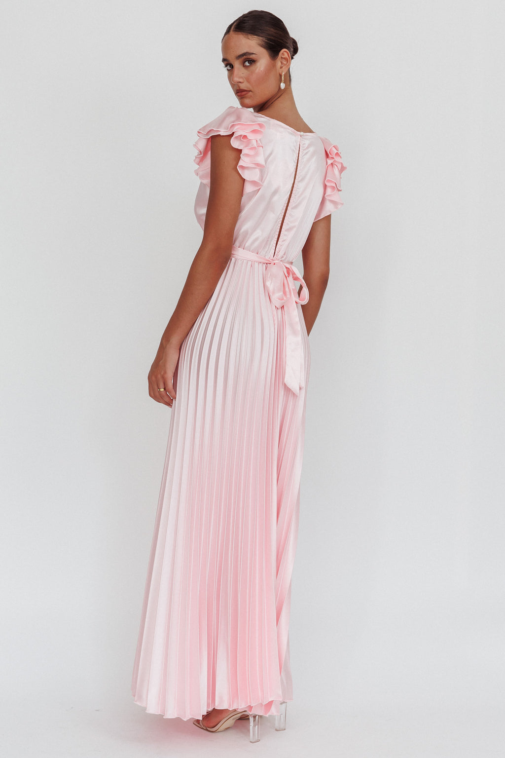 Enchantment Ruffle Sleeve Pleat Maxi Dress Pink by Selfie Leslie Australia