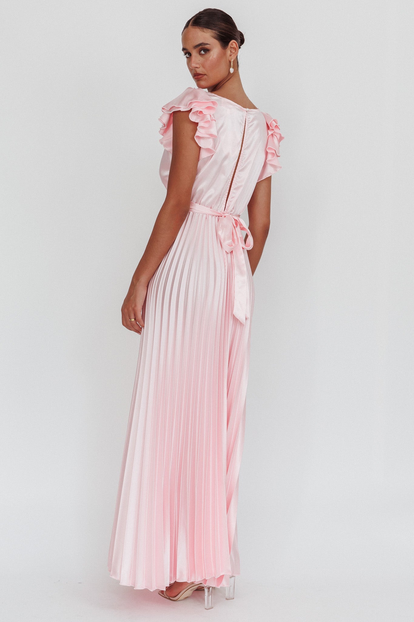 Enchantment Ruffle Sleeve Pleat Maxi Dress Pink by Selfie Leslie Australia