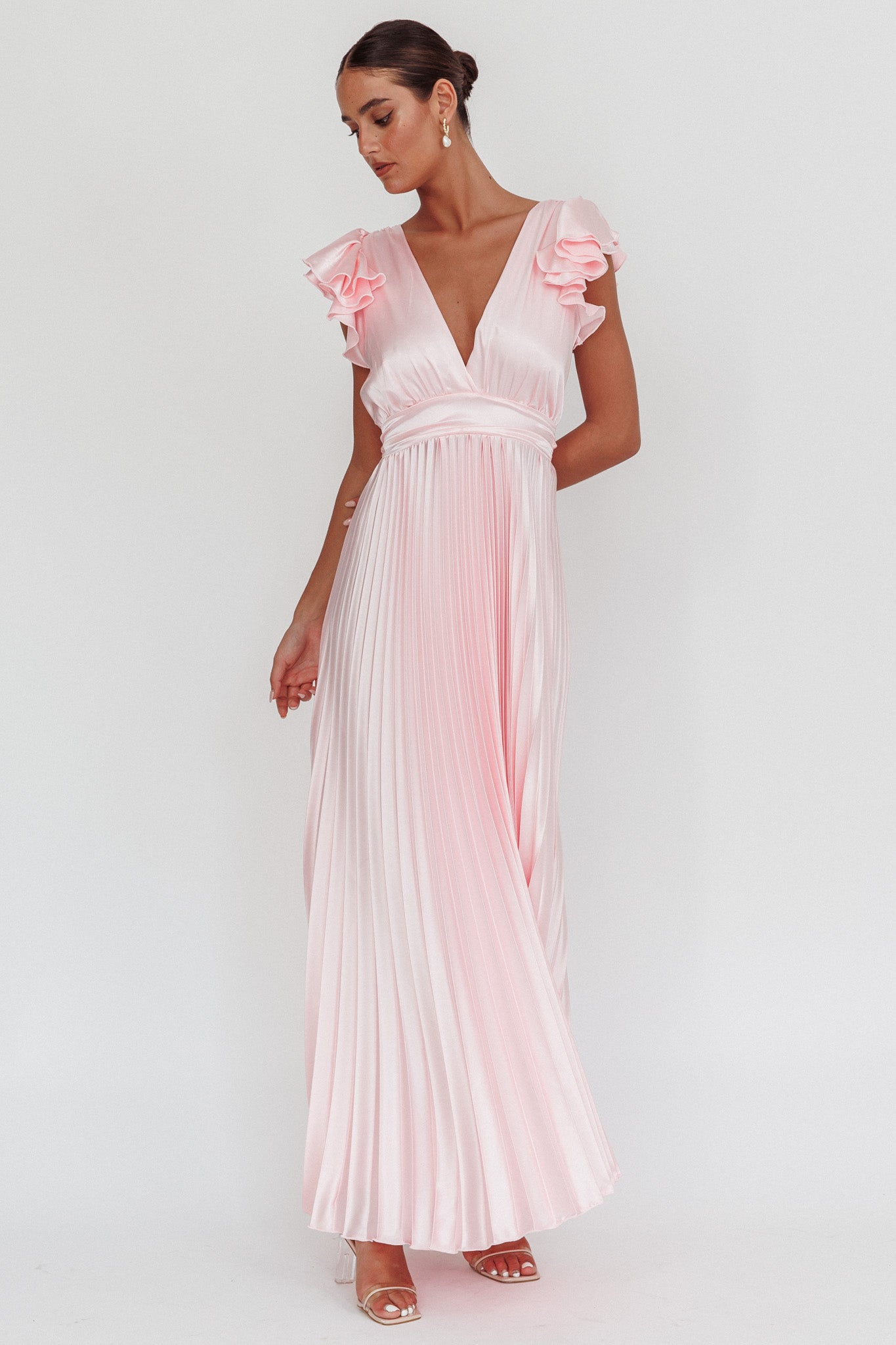 Enchantment Ruffle Sleeve Pleat Maxi Dress Pink by Selfie Leslie Australia