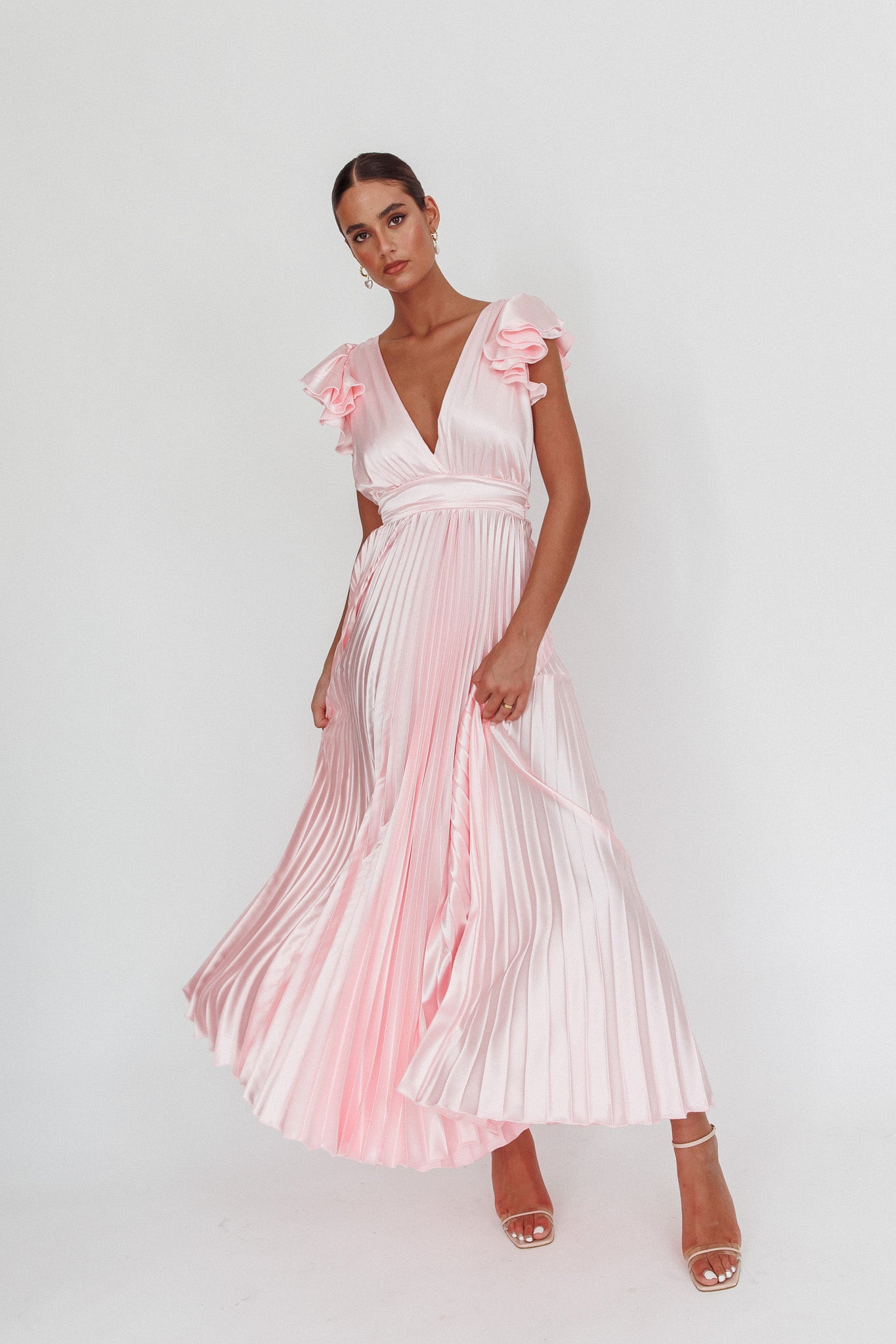 Pink Pleated Gold Brooch Cape Scarf Maxi Dress main image 1