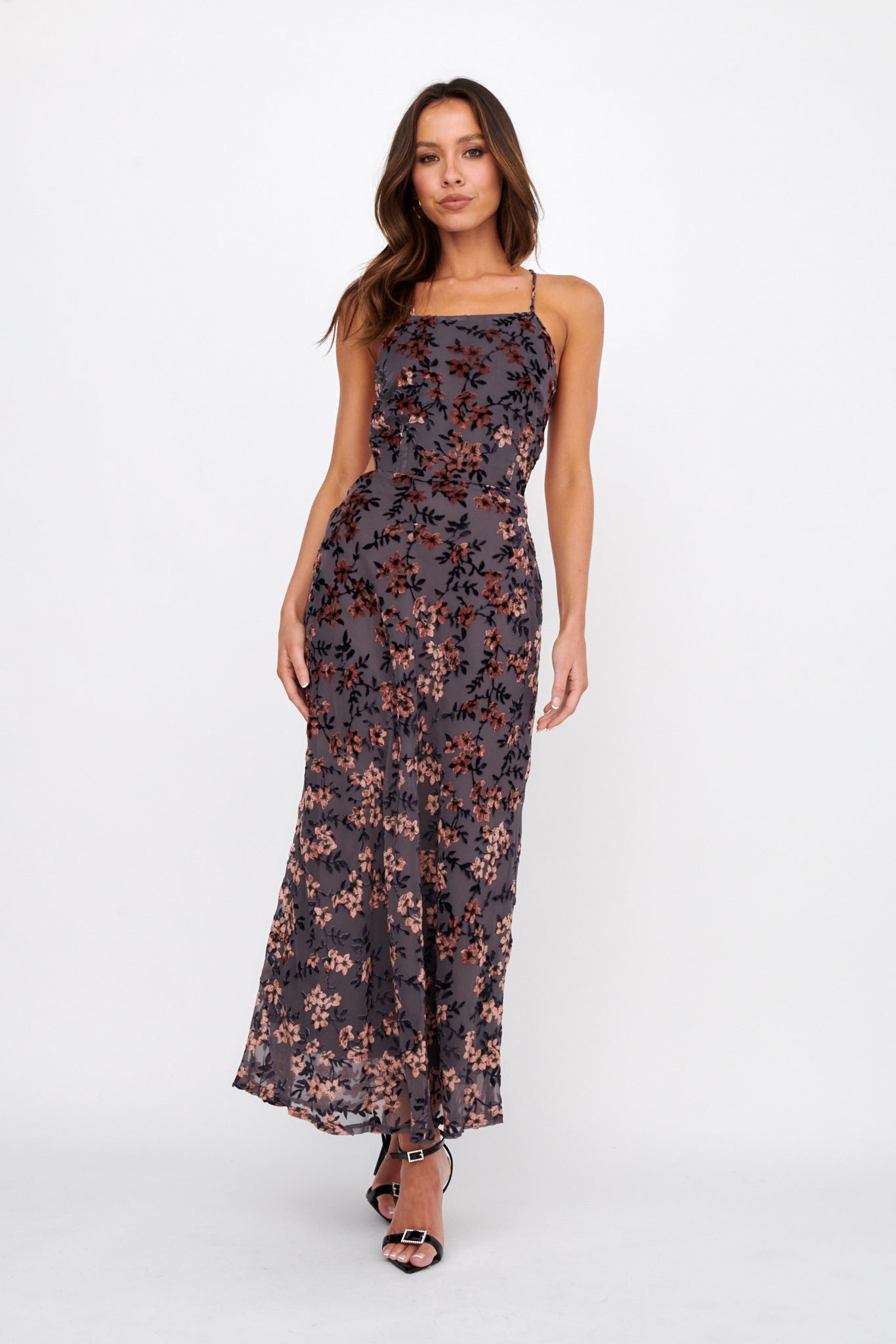 Alexandria Open Back Velour Floral Midi Dress Black/Orange by Selfie Leslie Australia