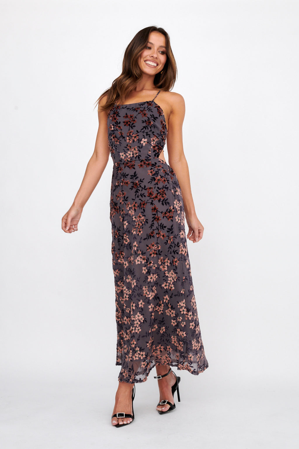 Alexandria Open Back Velour Floral Midi Dress Black/Orange by Selfie Leslie Australia