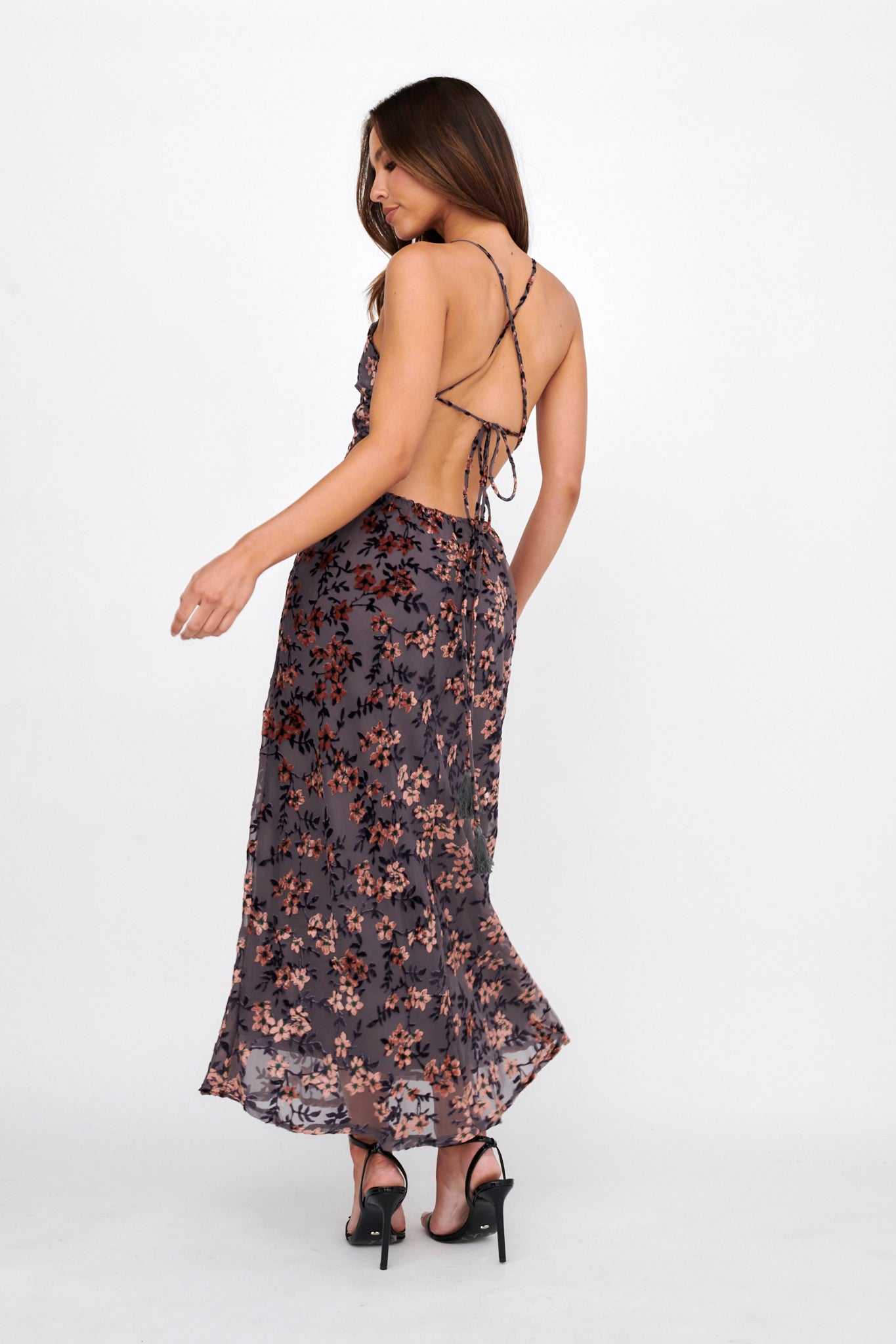 Alexandria Open Back Velour Floral Midi Dress Black/Orange by Selfie Leslie Australia
