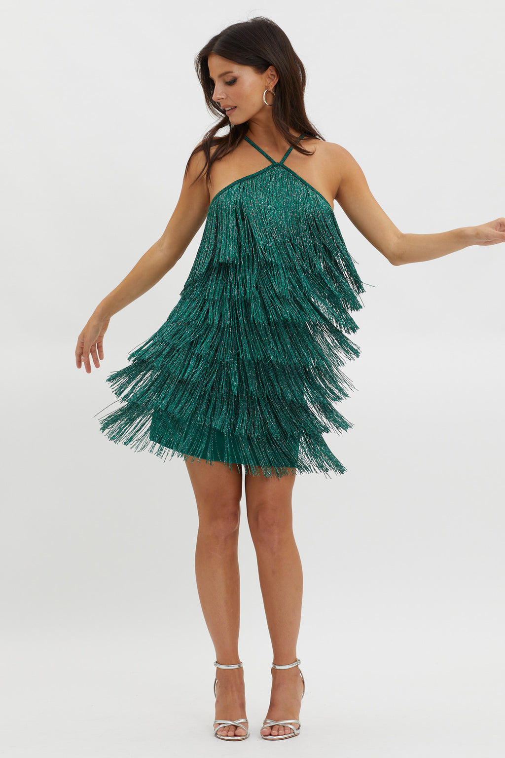 Boulevarde Fringe Trim Mini Dress Dark Green by Selfie Leslie Australia