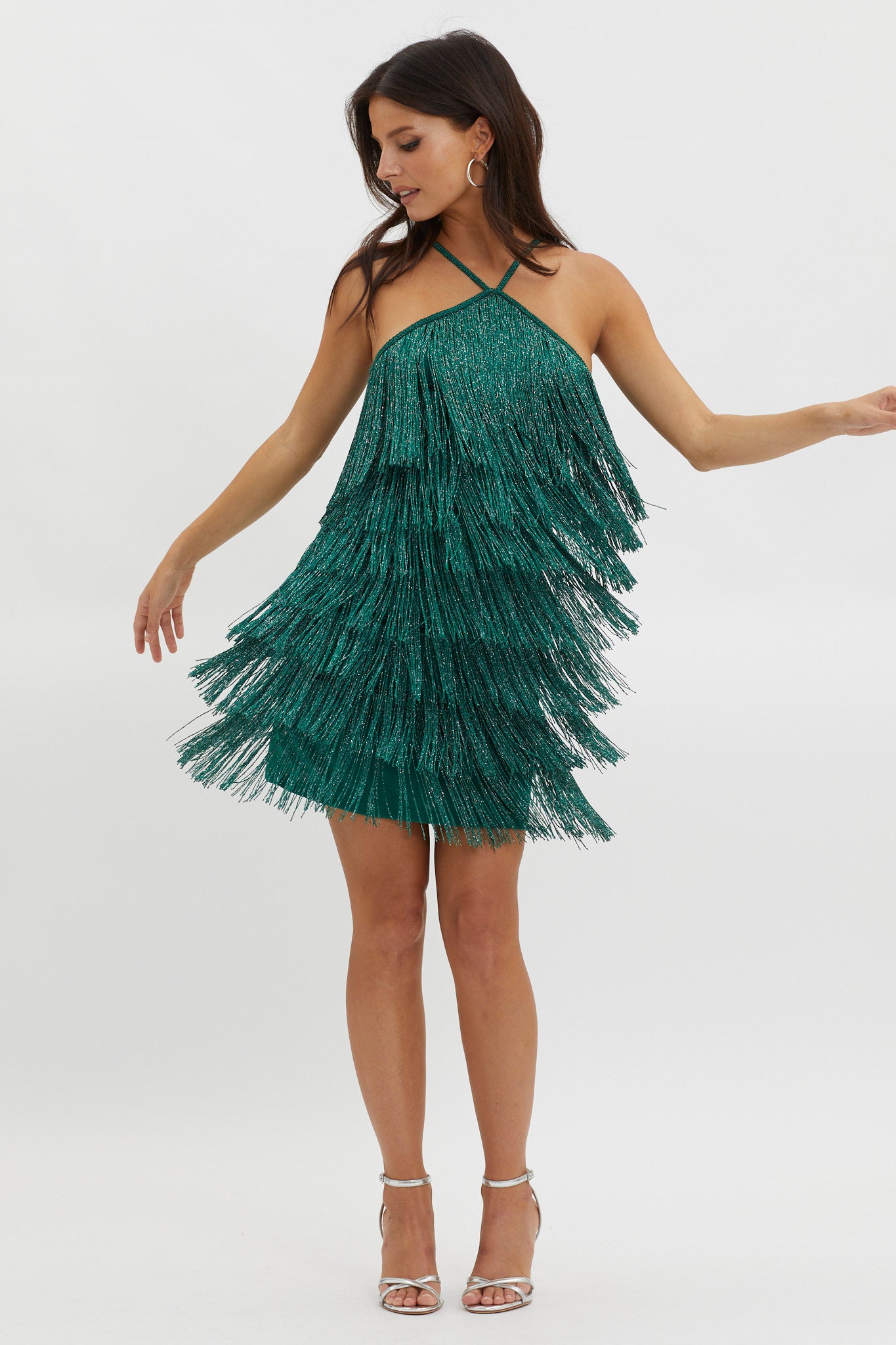 Boulevarde Fringe Trim Mini Dress Dark Green by Selfie Leslie Australia