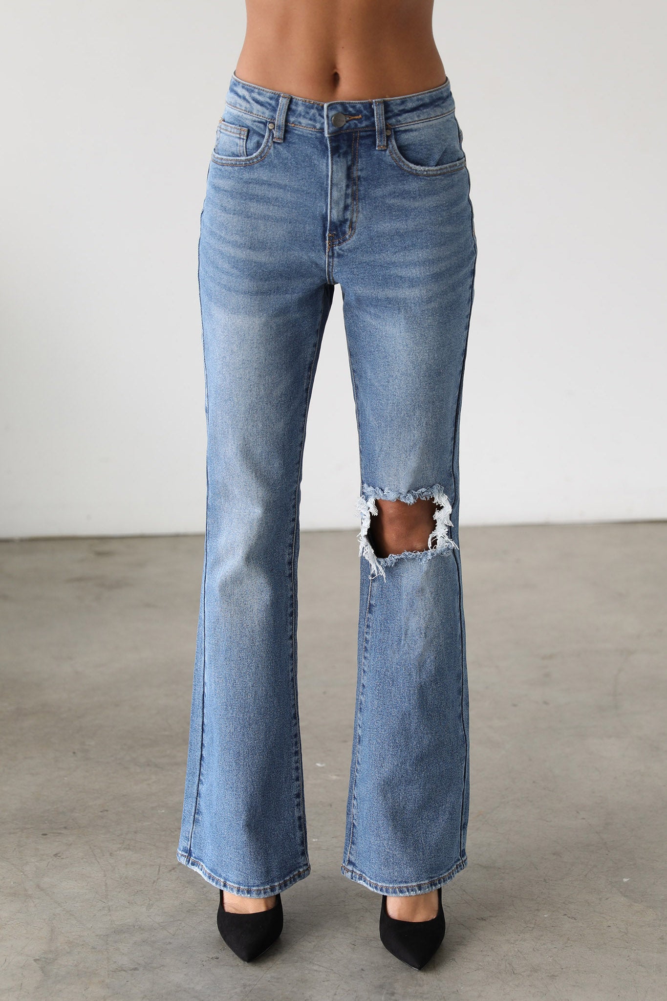 DOGMA High Rise Flare Leg Denim Jeans Medium Wash by Selfie Leslie Australia