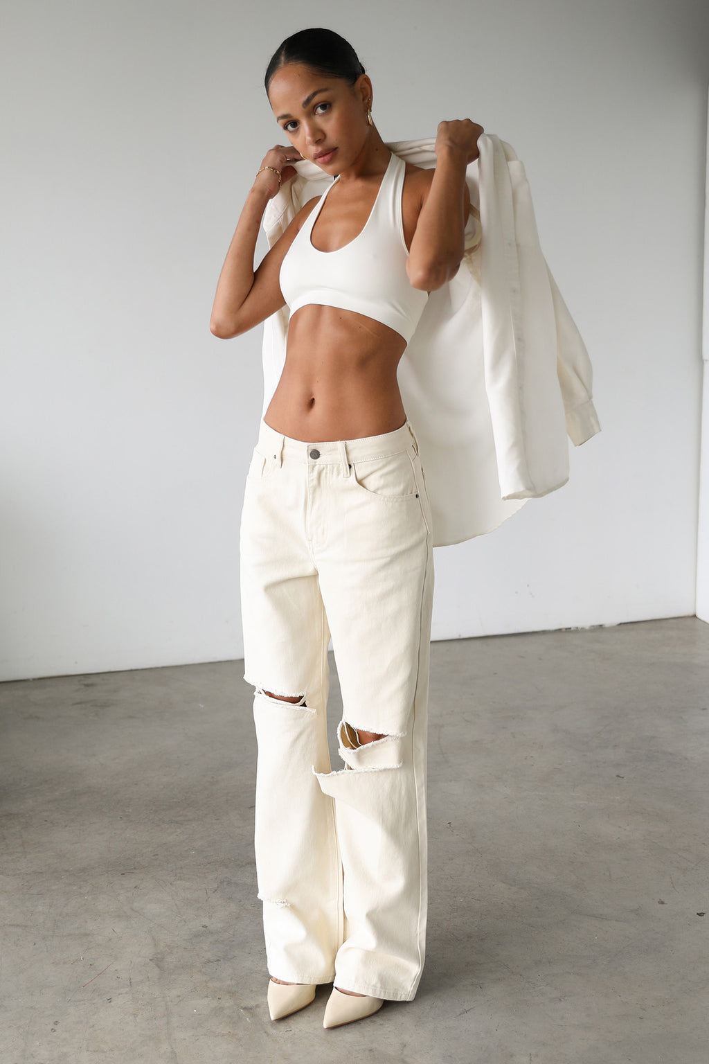 DOGMA Straight Wide Leg Skater Denim Jeans Cream by Selfie Leslie Australia