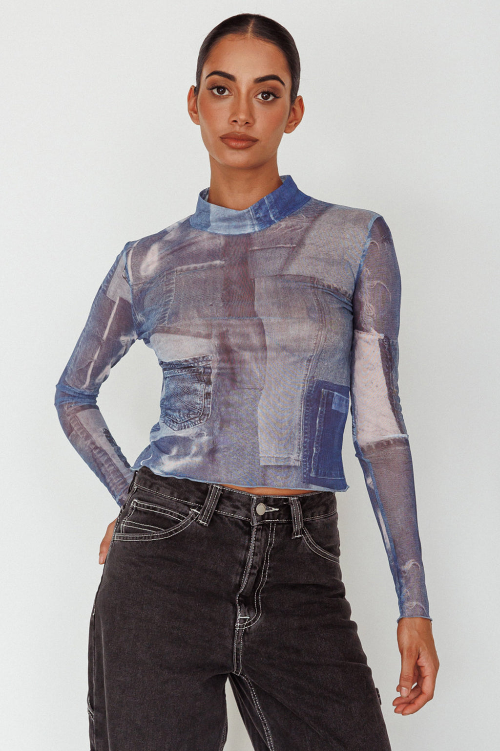 Giza Long Sleeve Mock Neck Top Print Denim Multi by Selfie Leslie Australia