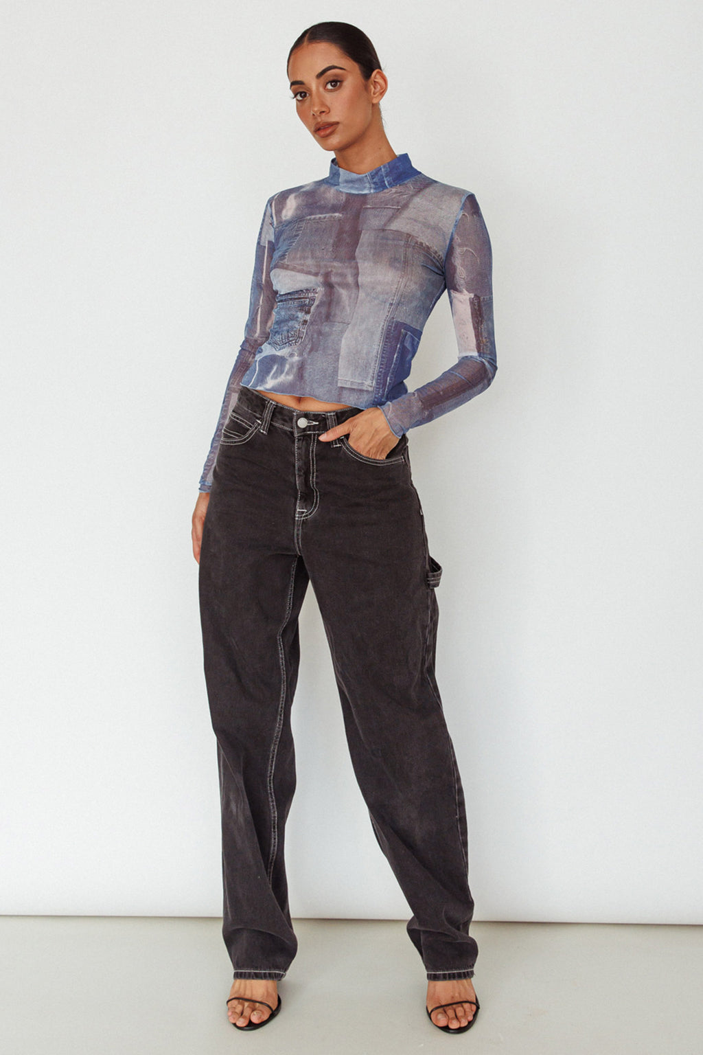Giza Long Sleeve Mock Neck Top Print Denim Multi by Selfie Leslie Australia
