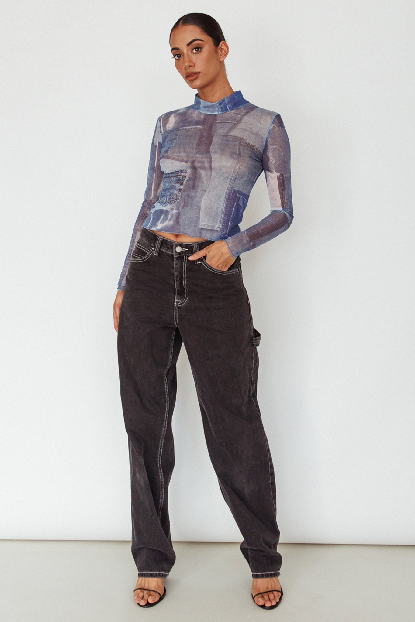 Giza Long Sleeve Mock Neck Top Print Denim Multi by Selfie Leslie Australia