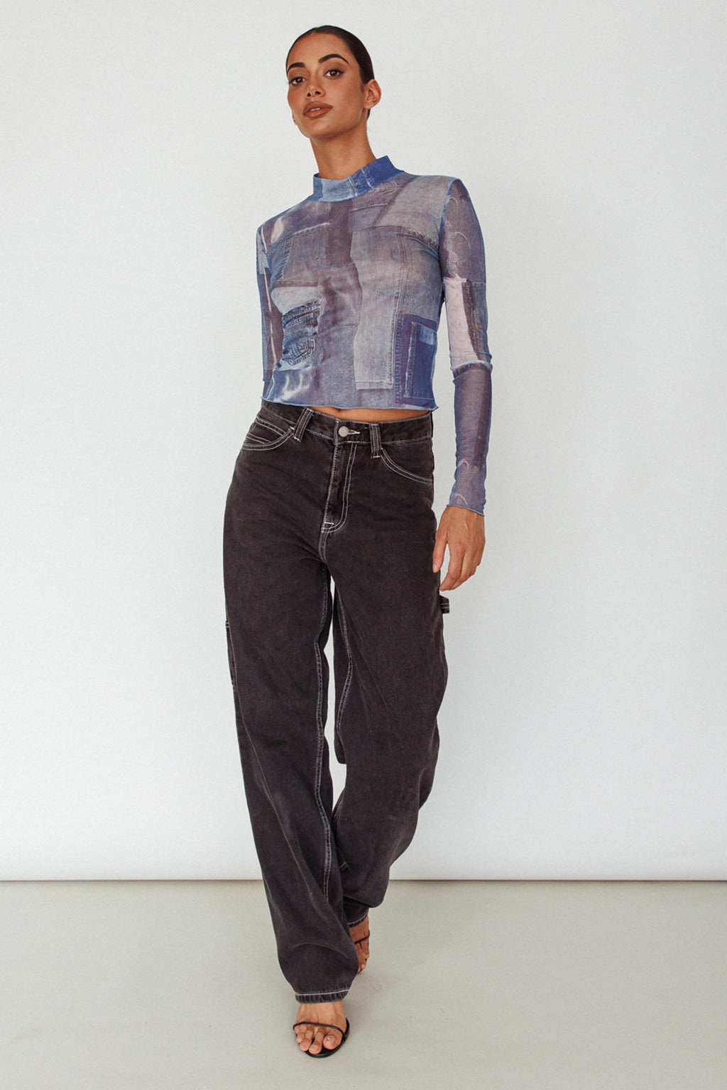 Giza Long Sleeve Mock Neck Top Print Denim Multi by Selfie Leslie Australia