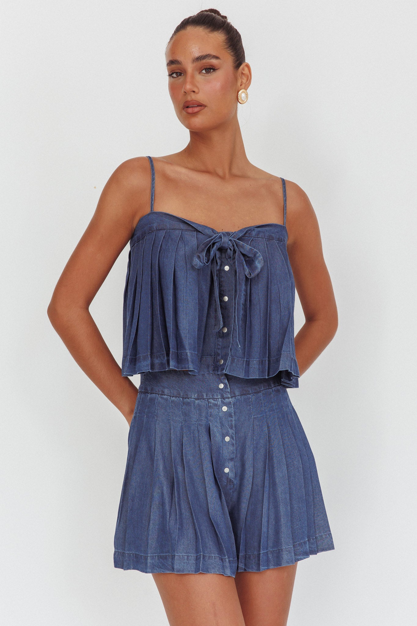 Country Girl Pleated High Waist Shorts Dark Denim by Selfie Leslie Australia