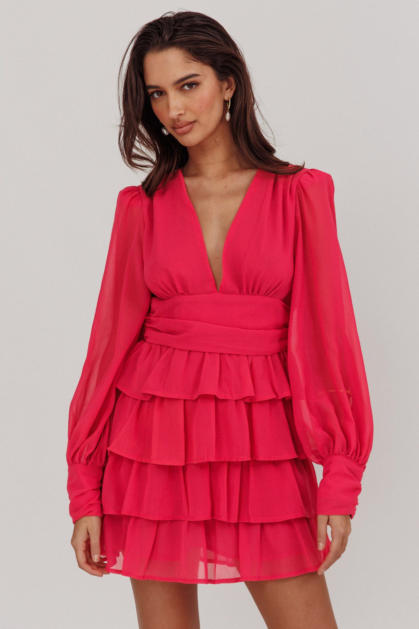 Dalisa Long Sleeve Ruffle Mini Dress Fuchsia by Selfie Leslie Australia