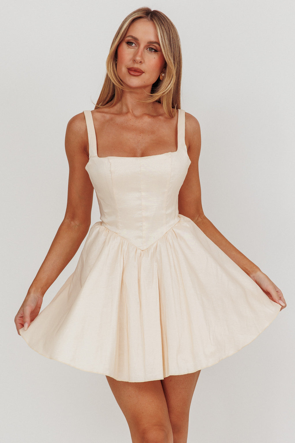 Found You Square Neck Flared Mini Dress Cream by Selfie Leslie Australia